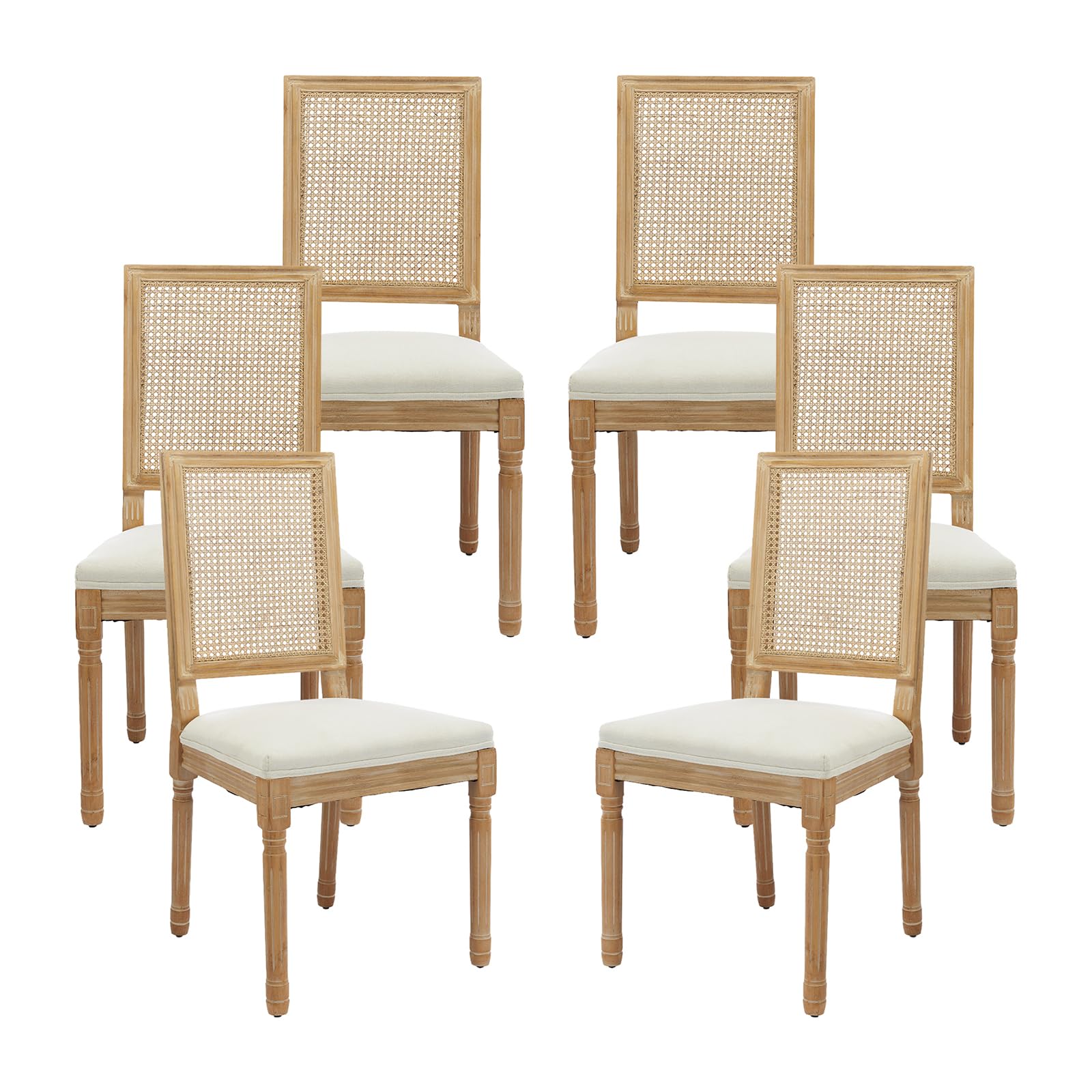 Vintage French Rattan Dining Chairs Set of 6, Square Back Side Chairs with Rattan Backrest, Upholstered Linen Seat and Solid Wood Frame, Sillas de Comedor for Dining Room & Kitchen, Dark Gray