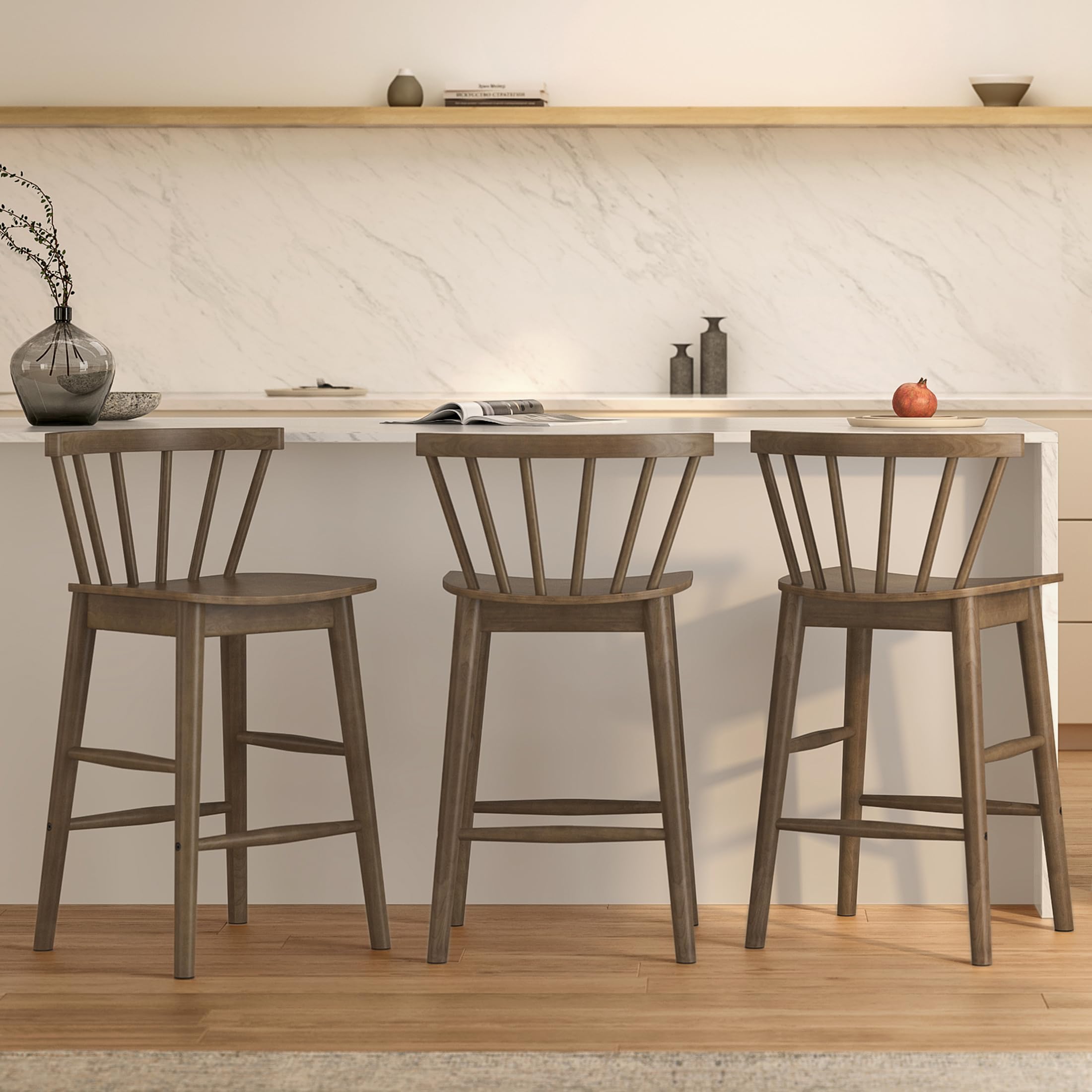 EYYTHUNG Wood Bar Stools Set of 3, Farmhouse 24" Barstool Counter Stools with Curved Back Counter Chairs for Kitchen Islands Dining Room, Natural Oak