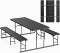 VINGLI Folding Picnic Table and Bench Set, Portable Outdoor Dining Furniture for Camping, Patio, Backyard, Wood Grain Plastic Top with Metal Frame with Kaqi Umbrella