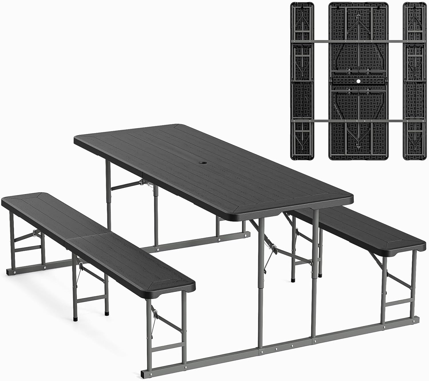 VINGLI Folding Picnic Table and Bench Set, Portable Outdoor Dining Furniture for Camping, Patio, Backyard, Wood Grain Plastic Top with Metal Frame with Kaqi Umbrella