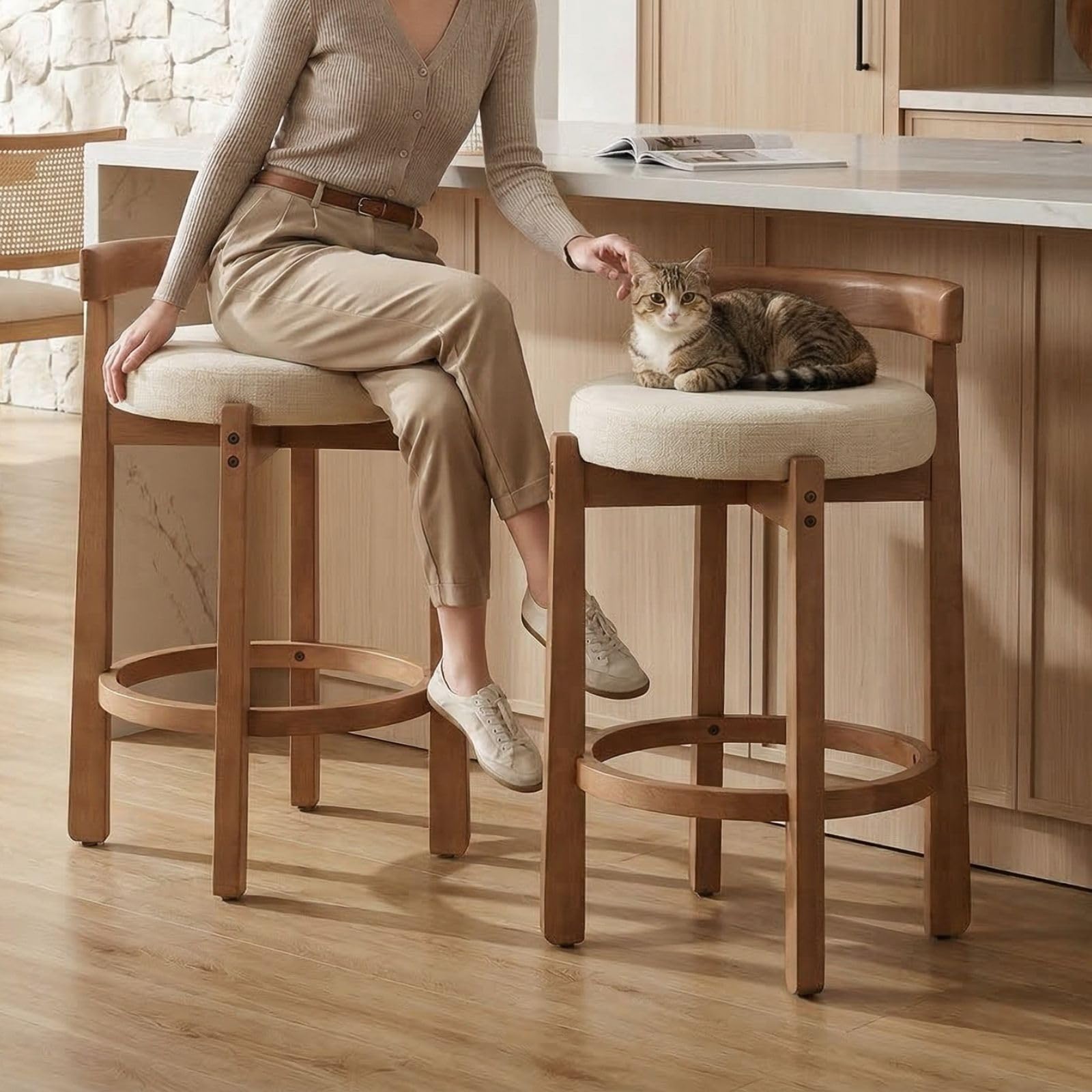 LukeAlon Mid Century Linen Counter Stools Set of 4, Upholstered 26.5” Seat Height Low Barstools with Natural Wood Legs Round Low Back Kitchen Stools with Footrest for Dining Room, Beige