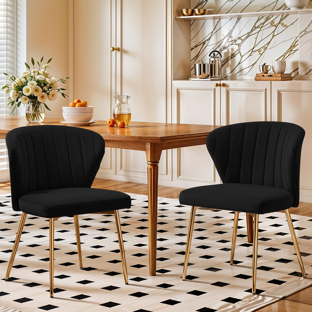 Velvet Dining Chairs Set of 2, Modern Upholstered Vanity Chairs with Golden Metal Legs for Dining Room Kitchen Vanity Patio (Black)