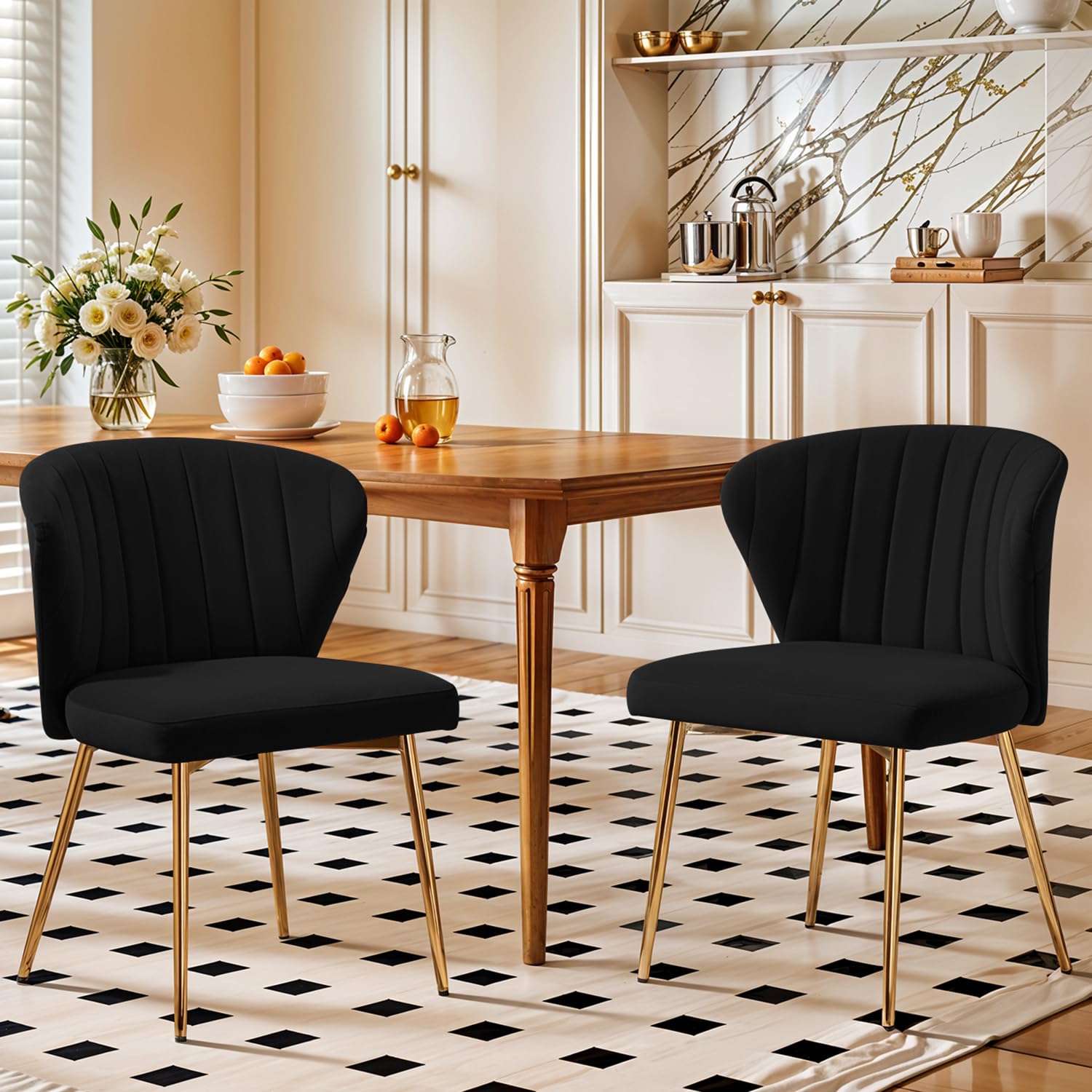 Velvet Dining Chairs Set of 2, Modern Upholstered Vanity Chairs with Golden Metal Legs for Dining Room Kitchen Vanity Patio (Green)
