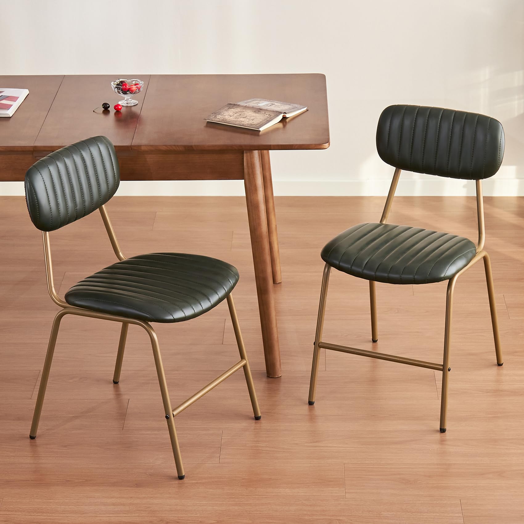 Mid Century Modern Dining Chairs Set of 2, Retro Chair with Faux Leather Upholstered Seat & Solid Wood Backrests & Vintage Distressing Metal Legs & Leg Protectors for Kitchen Dining Room (Dark Green)