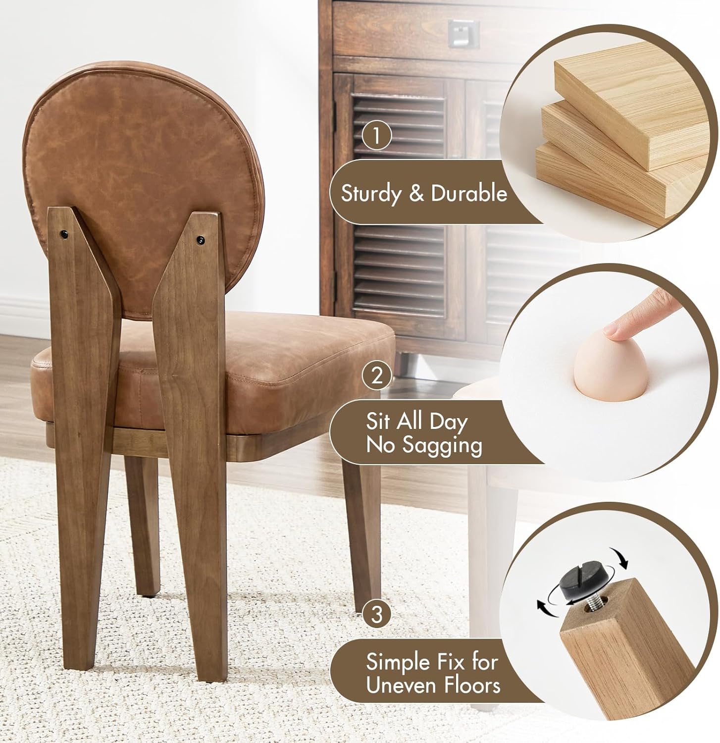 Hyfirm Mid-Century Modern Walnut Dining Chairs Set of 2, Vintage Brown Leather Wooden Kitchen Chairs, Retro Upholstered PU Cushioned Seat with Curved Backrest, Armless Accent Side Chair for Bedroom