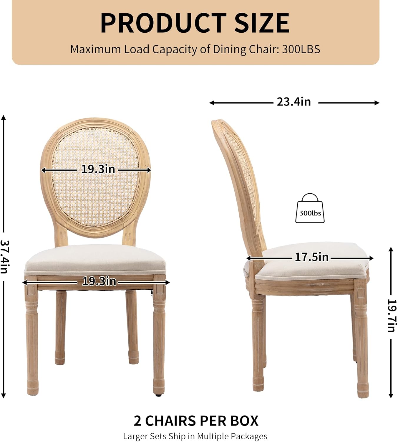 Vintage French Rattan Dining Chairs Set of 4, Solid Wood Frame with Round Rattan Back and Linen Upholstered Seat, Farmhouse Accent Sillas de Comedor Side Chairs for Dining Room & Kitchen, Beige
