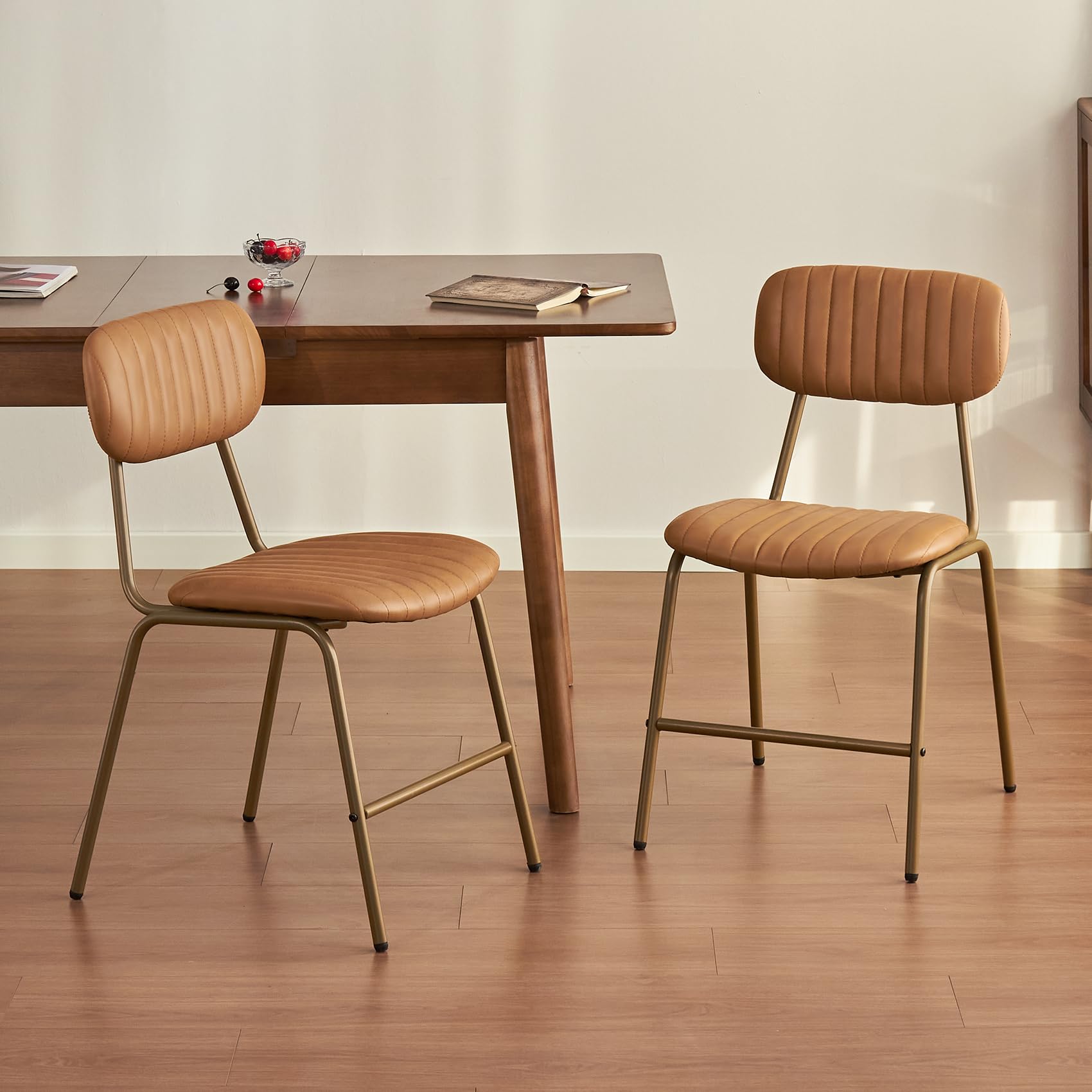 Mid Century Modern Dining Chairs Set of 2, Retro Chair with Faux Leather Upholstered Seat & Solid Wood Backrests & Vintage Distressing Metal Legs & Leg Protectors for Kitchen Dining Room (Dark Green)