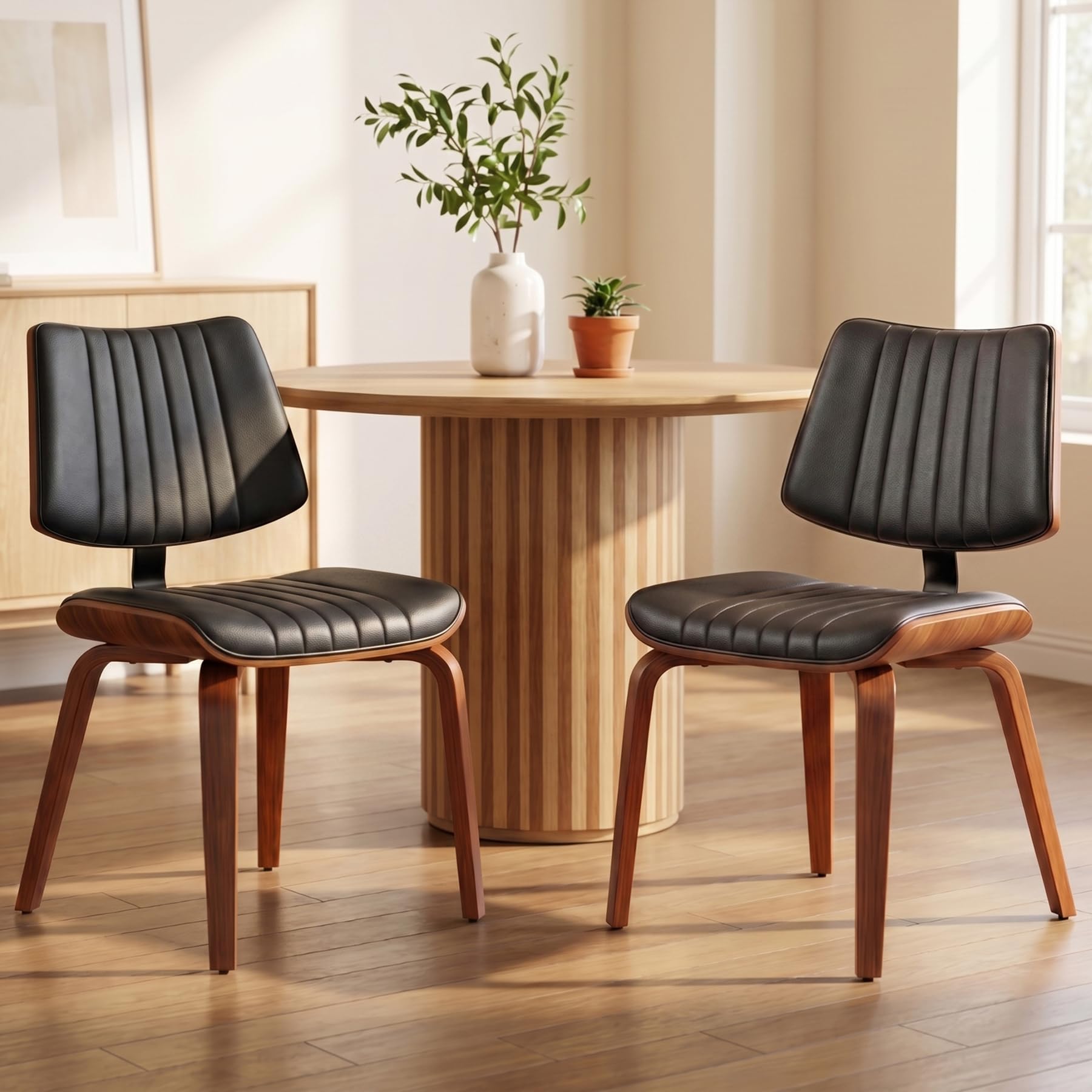 Dining Chairs Set of 1, Mid-Century Modern Upholstered PU Leather Kitchen Chair, Hanging Handrails, Walnut Bentwood Legs and Faux Leather Sponge Back for Kitchen Dining Room Living Room, Beige
