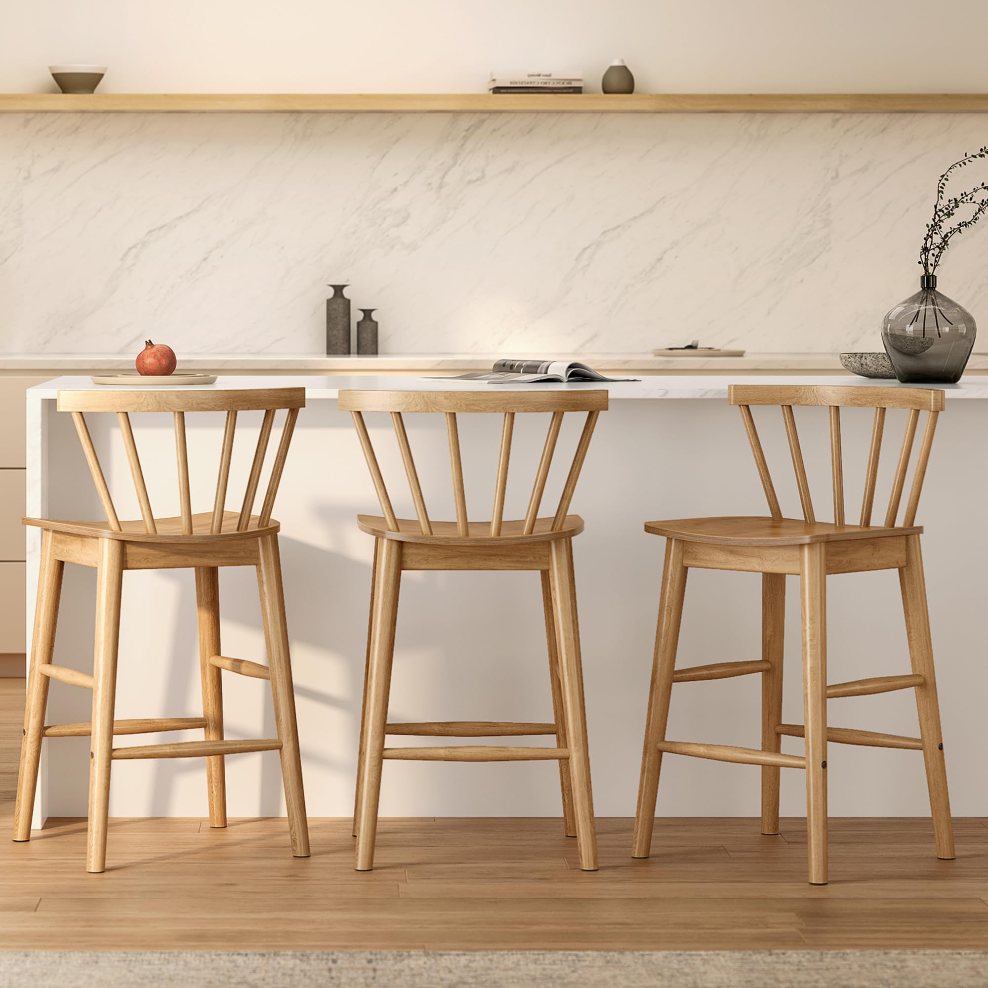 Modern Bar Stools Set of 2, 24" Wooden Counter Height Barstools, Modern Armless Farmhouse Bar Dining Chairs with Back & Footrest for Kitchen Island Pub, Natural Oak