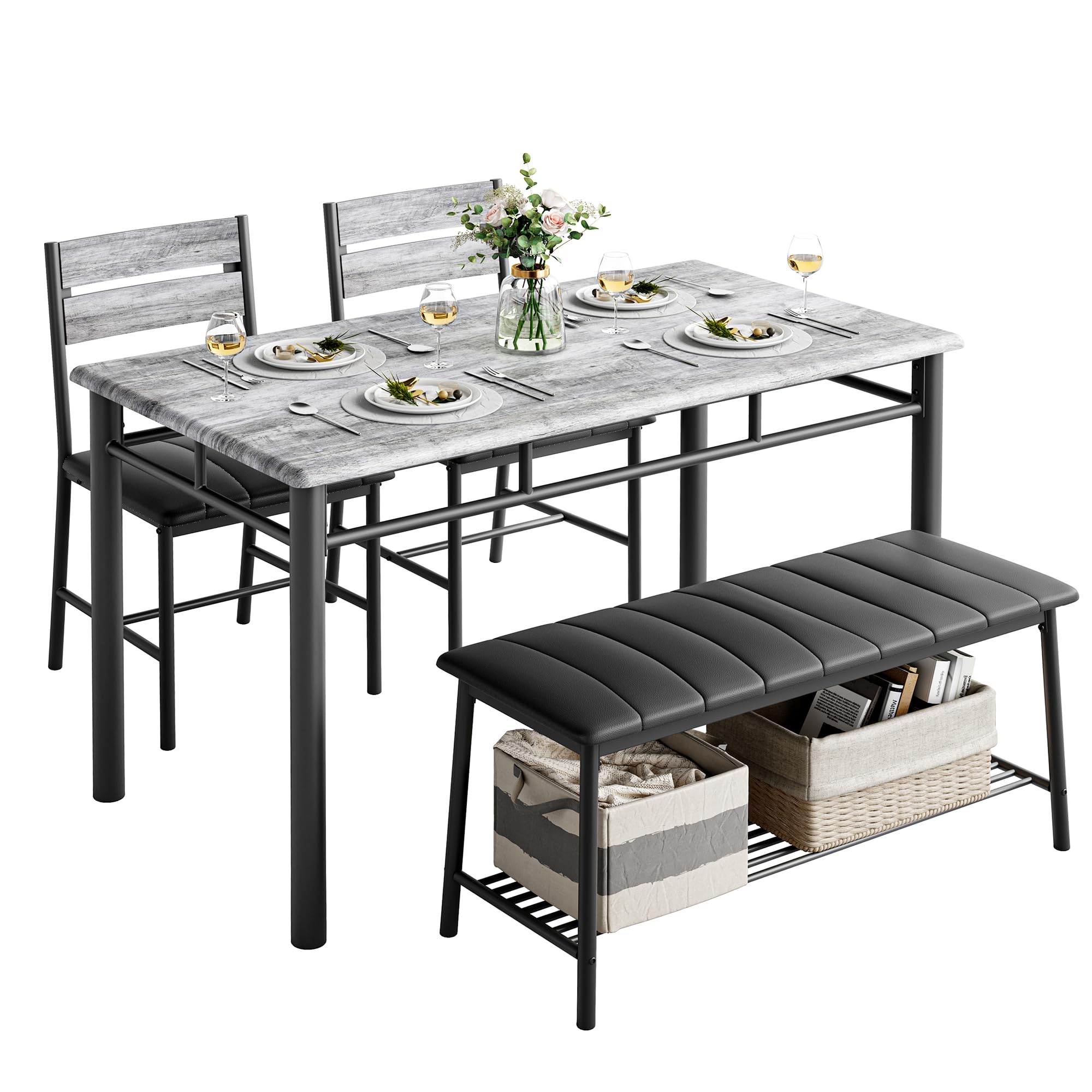 IRONCK Dining Table Set for 4, Kitchen Table with Upholstered Bench and 2 Chairs, Kitchen Table and Chairs Set for Small Space, Apartment, Black