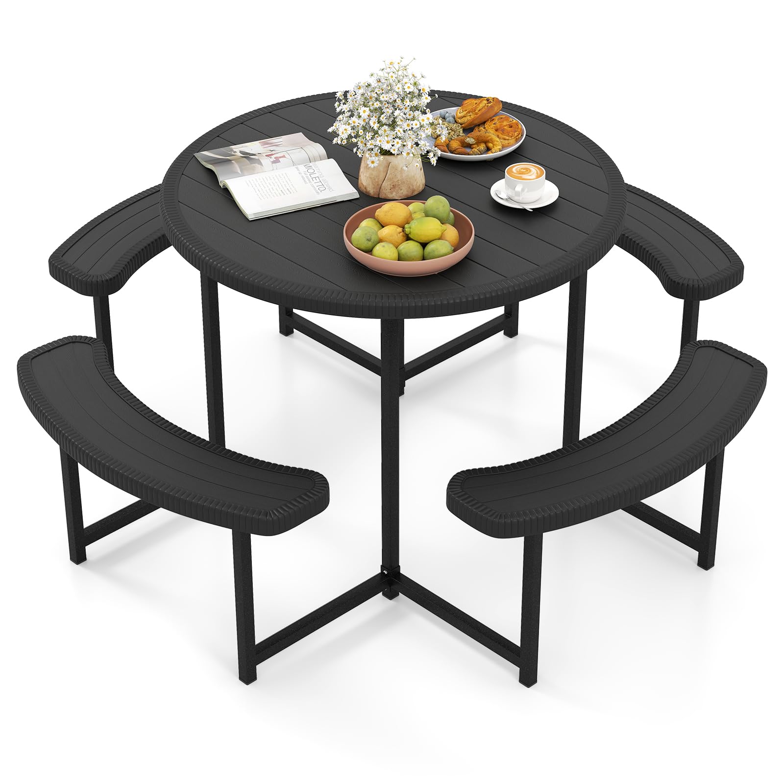 Tangkula 8 Person Picnic Table, HDPE Outdoor Square Table and Bench Set with 4 Built-in Benches, Umbrella Hole, Metal Frame for Garden Yard Patio Lawn