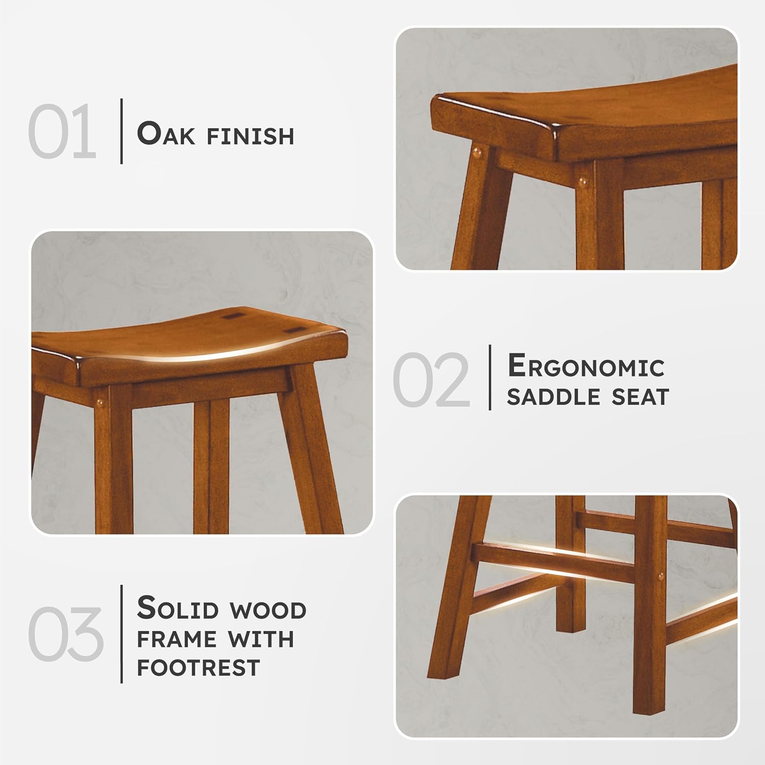 Lexicon Finnian Saddle Solid Wood Stool Set of 2 - Saddle Kitchen Stool Dining Height Stools for Dining, Armless Counter Chair Seating, Perfect Casual - 17.5" SH Oak