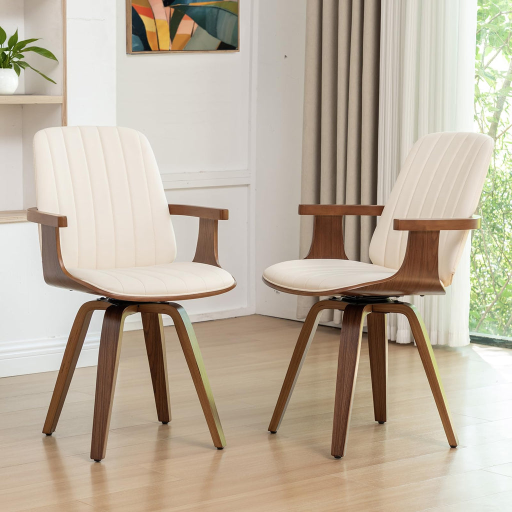 WUPOTO Set of 1 MCM Dining Chair, Mid Century Modern Chair with Walnut Craftsmanship, Upholstered Faux Leather, Wooden Arms and Legs, Faux Leather Dining Chair for Kitchen/Living Room - Green
