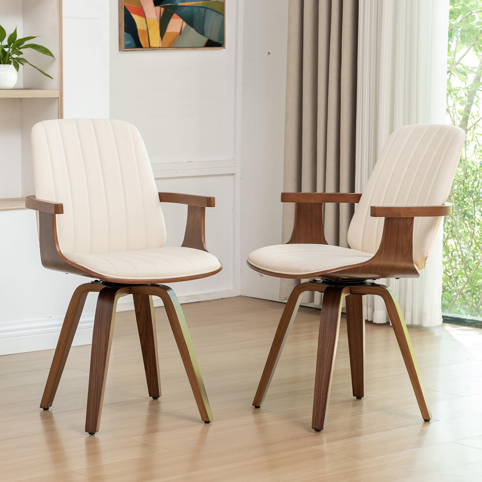 WUPOTO Set of 1 MCM Dining Chair, Mid Century Modern Chair with Walnut Craftsmanship, Upholstered Faux Leather, Wooden Arms and Legs, Faux Leather Dining Chair for Kitchen/Living Room - Green