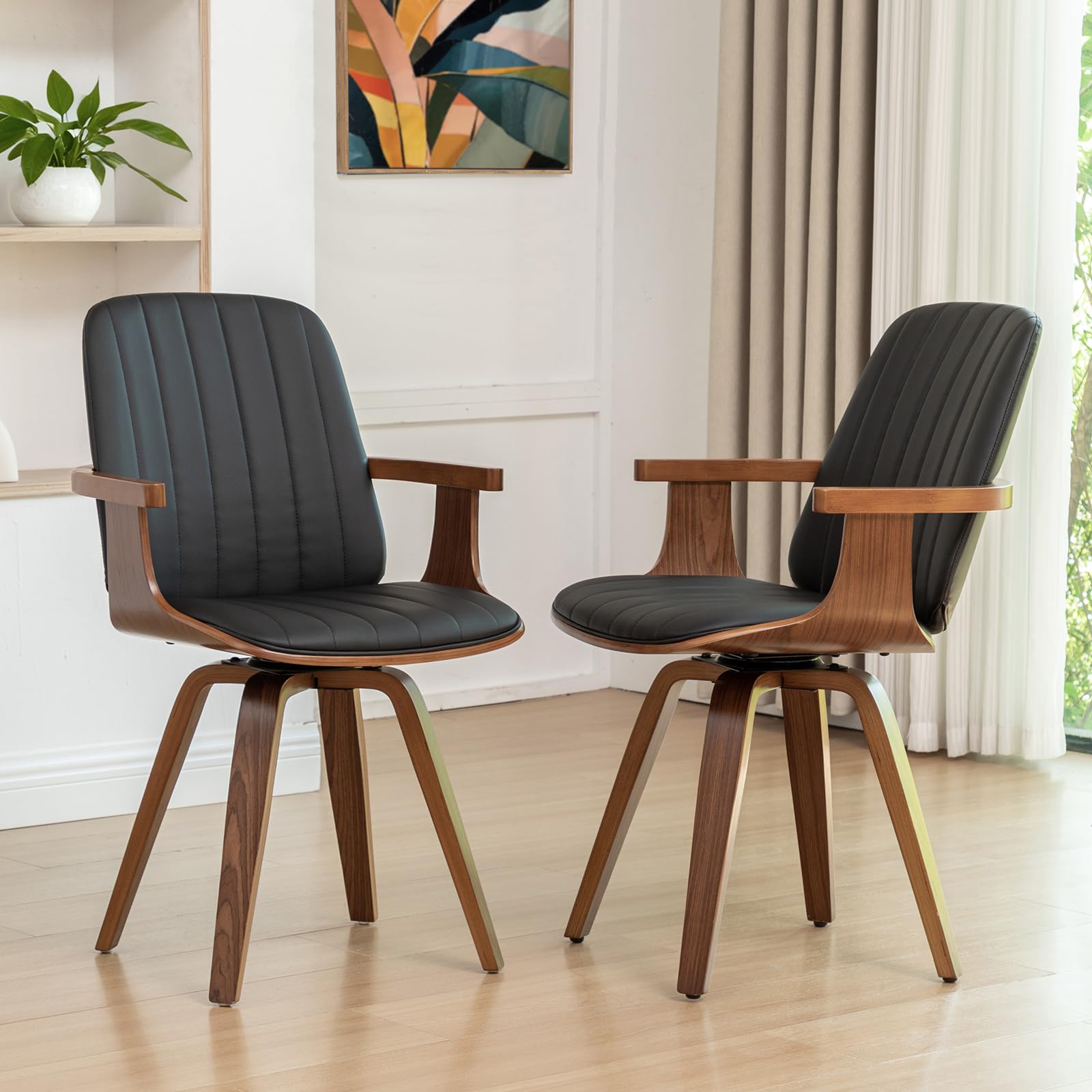 WUPOTO Set of 1 MCM Dining Chair, Mid Century Modern Chair with Walnut Craftsmanship, Upholstered Faux Leather, Wooden Arms and Legs, Faux Leather Dining Chair for Kitchen/Living Room - Green