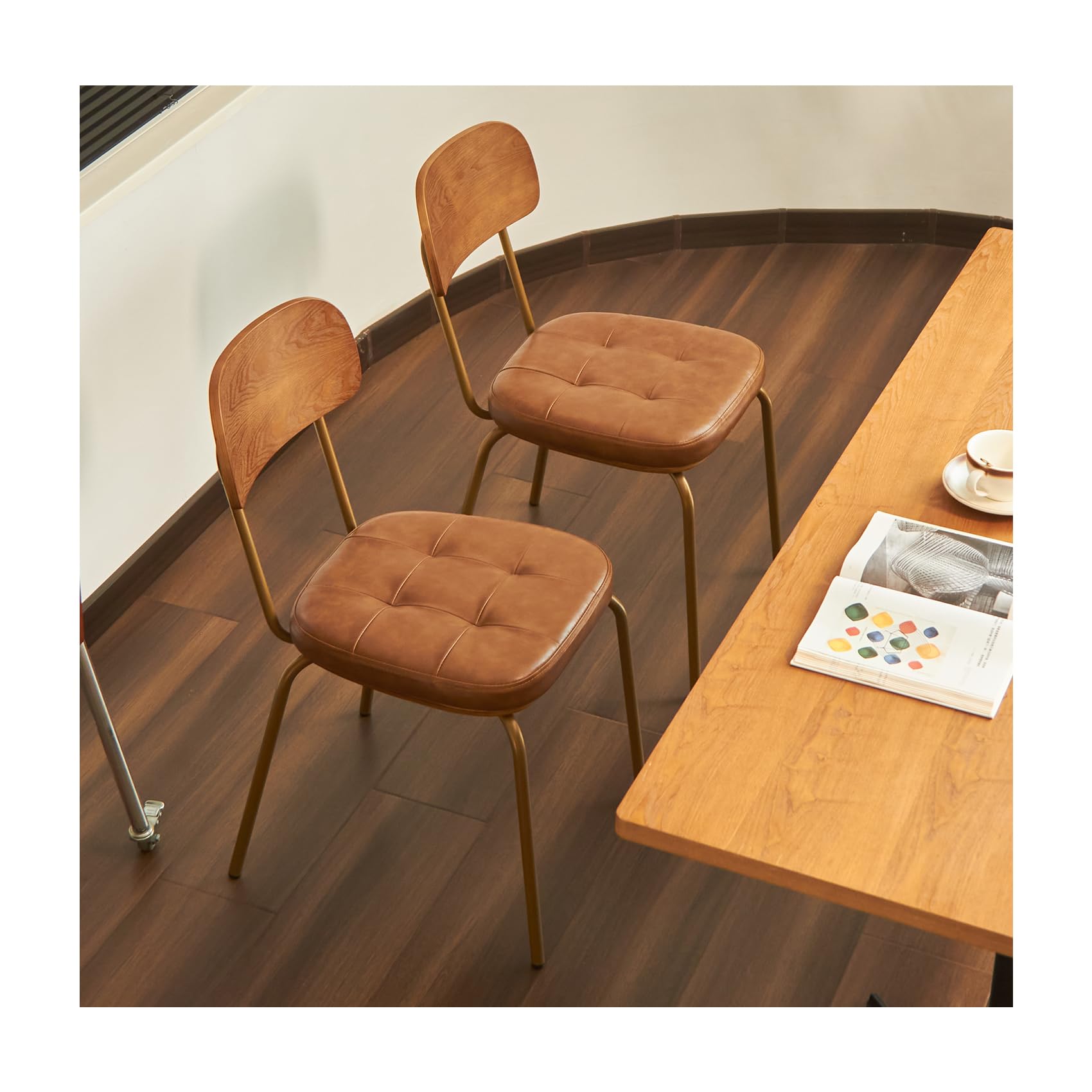 Mid Century Modern Dining Chairs Set of 2, Retro Chair with Faux Leather Upholstered Seat & Solid Wood Backrests & Vintage Distressing Metal Legs & Leg Protectors for Kitchen Dining Room (Dark Green)