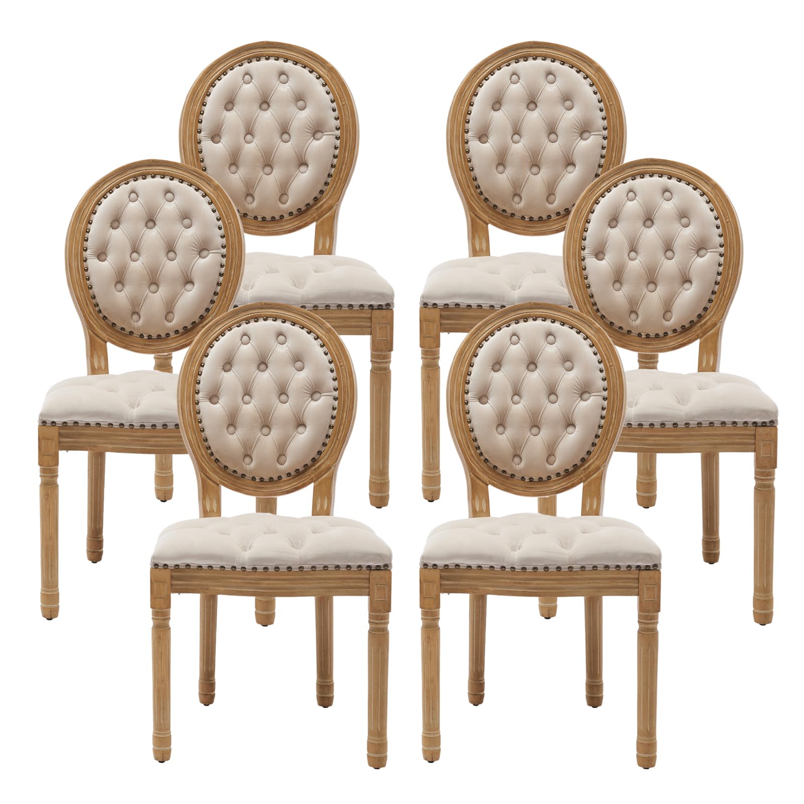 French Country Dining Chairs Set of 4，Fabric Upholstered Dining Chair with Round Back and Solid Leg, Rattan Kitchen Chairs for Dining Room, Living Room, Kitchen, Olive Green