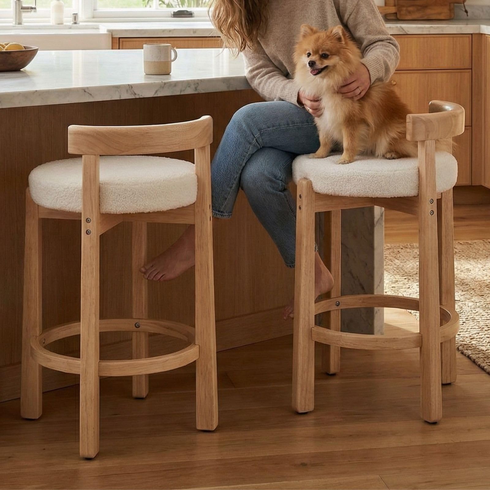 LukeAlon Mid Century Linen Counter Stools Set of 4, Upholstered 26.5” Seat Height Low Barstools with Natural Wood Legs Round Low Back Kitchen Stools with Footrest for Dining Room, Beige