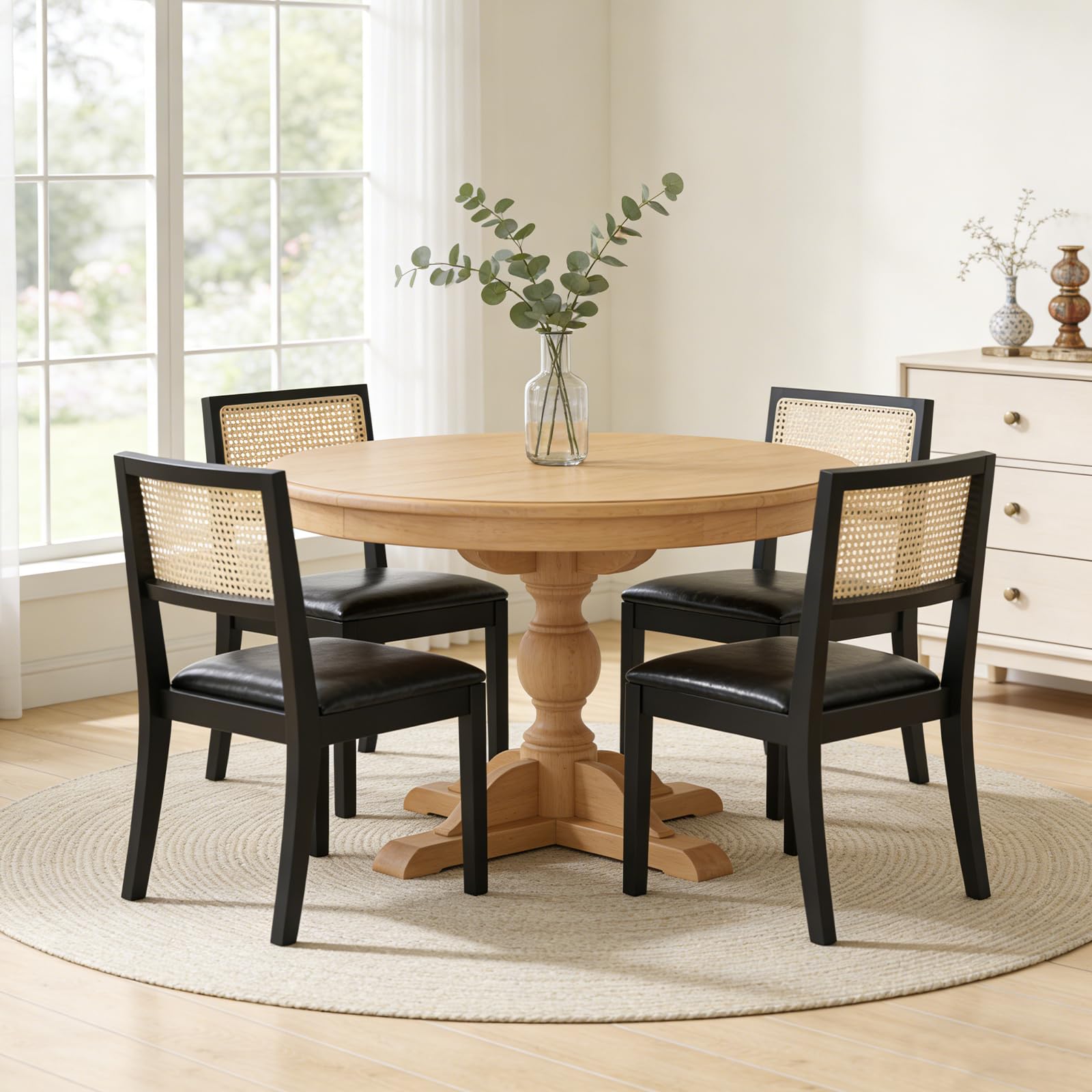 Farmhouse Rattan Dining Chairs Set of 4,Cane Back Kitchen Dining Room Chairs, Upholstered Mid Century Modern Rattan Chair Comfy Side Wood Chair for Living Room/Restaurant, Linen Fabric, Beige