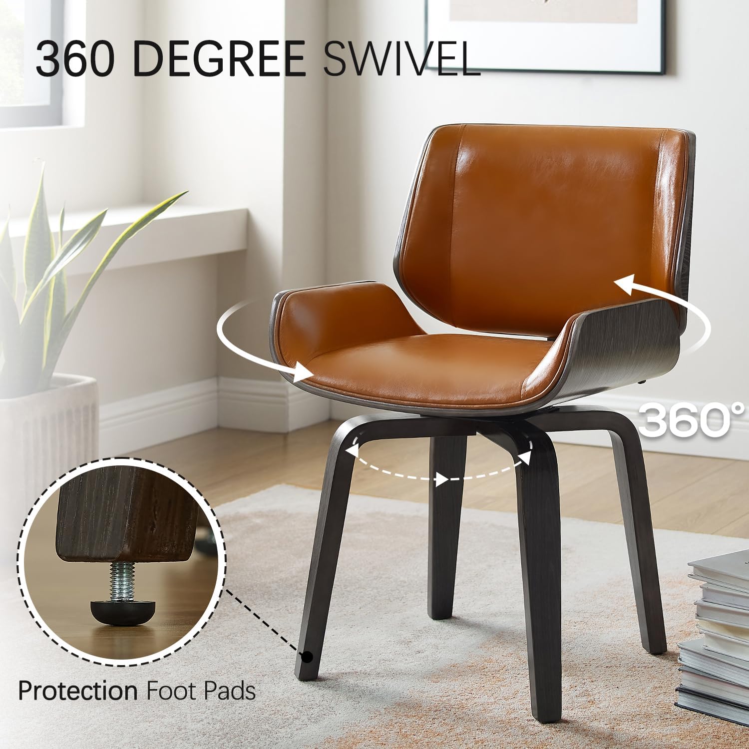 Zouron Swivel Dining Chairs, Mid Century Modern Desk Chairs Retro Faux Leather Chair with Wooden Legs, Kitchen Dining Room Chair with Upholstered Seat, 1 Pcs, Orange Brown