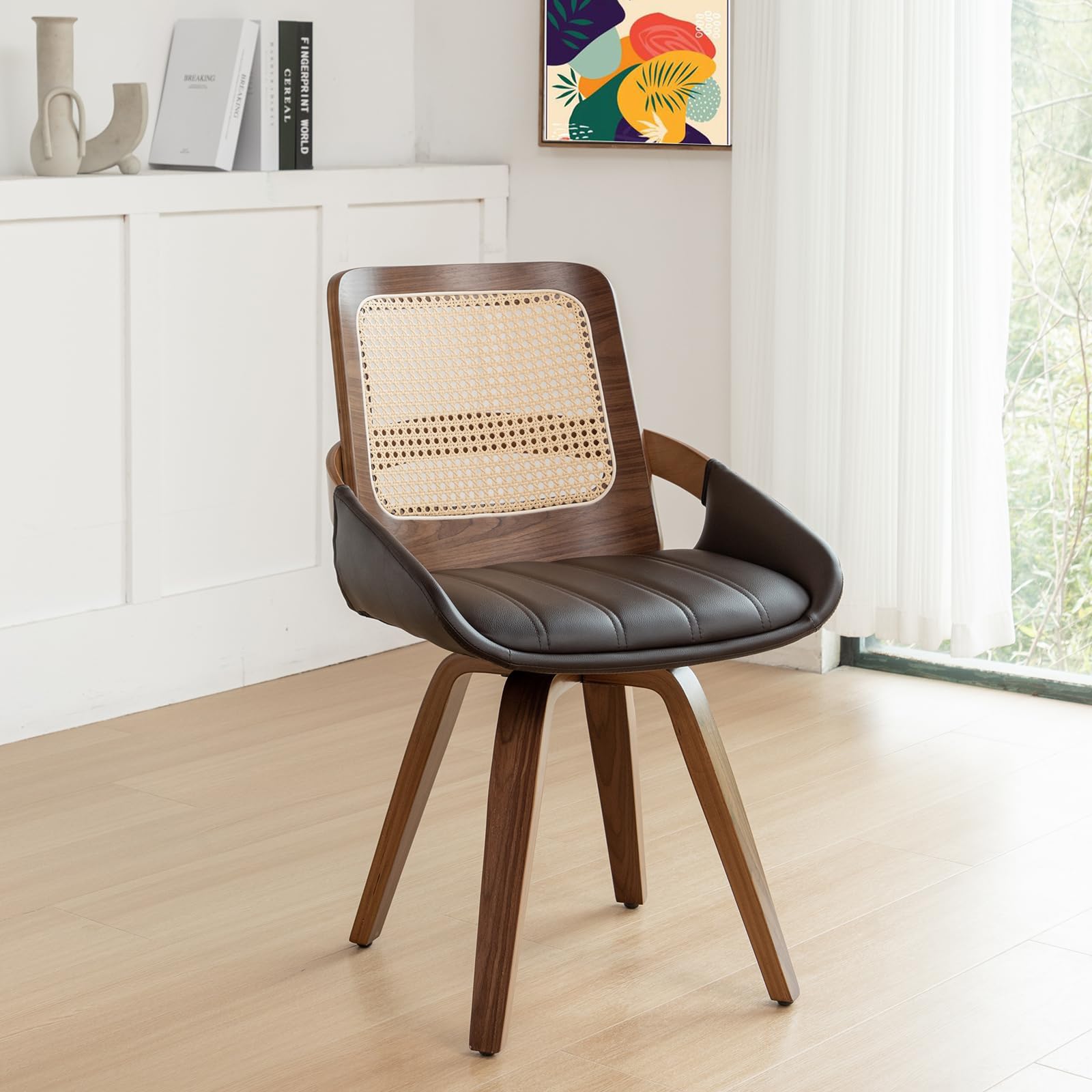 Set of 2 Green Rattan Dining Chairs - Mid Century Modern Dining Chairs with Walnut Bentwood Frame, Ergonomic Rattan Back, Curved Arms, Versatile for Living Room/Conference/Kitchen (Walnut Green)