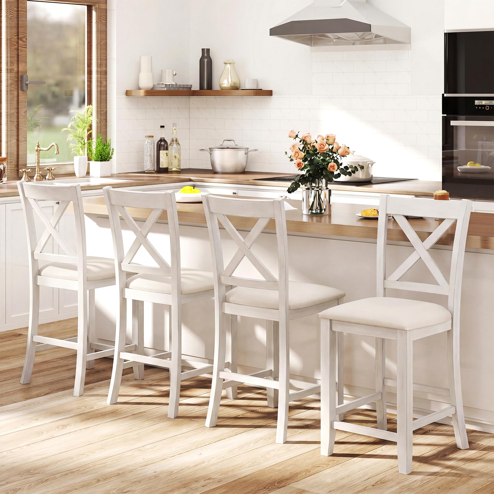 Giantex 24" Bar Stools Set of 4, Farmhouse Counter Height Barstools w/Footrest, Cross Back, Comfortable Linen Cushion, Upholstered Wood Bar Chairs for Kitchen Island Dining Room Cafe, Walnut & Beige