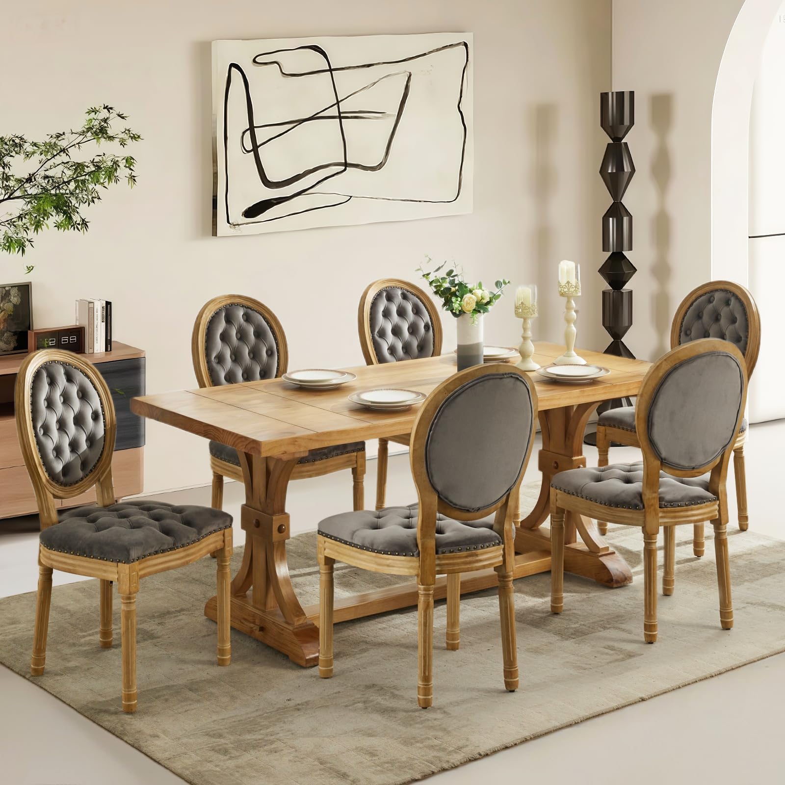 Rattan Back Upholstered Dining Chairs Set of 4 French Country Oval Kitchen Side Chairs with Wood Legs for Dining Room, Kitchen, Restaurant(Beige-Rattan)