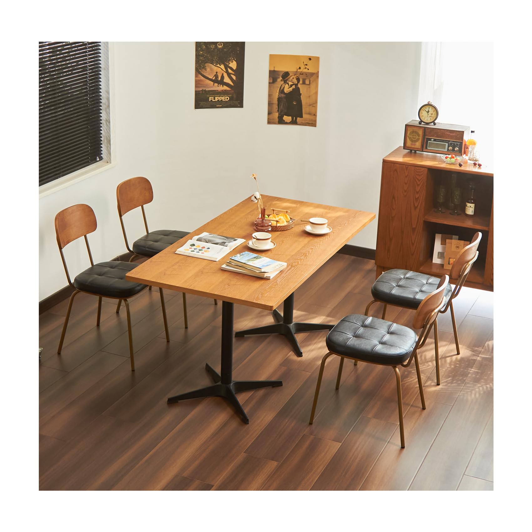 Mid Century Modern Dining Chairs Set of 2, Retro Chair with Faux Leather Upholstered Seat & Solid Wood Backrests & Vintage Distressing Metal Legs & Leg Protectors for Kitchen Dining Room (Dark Green)