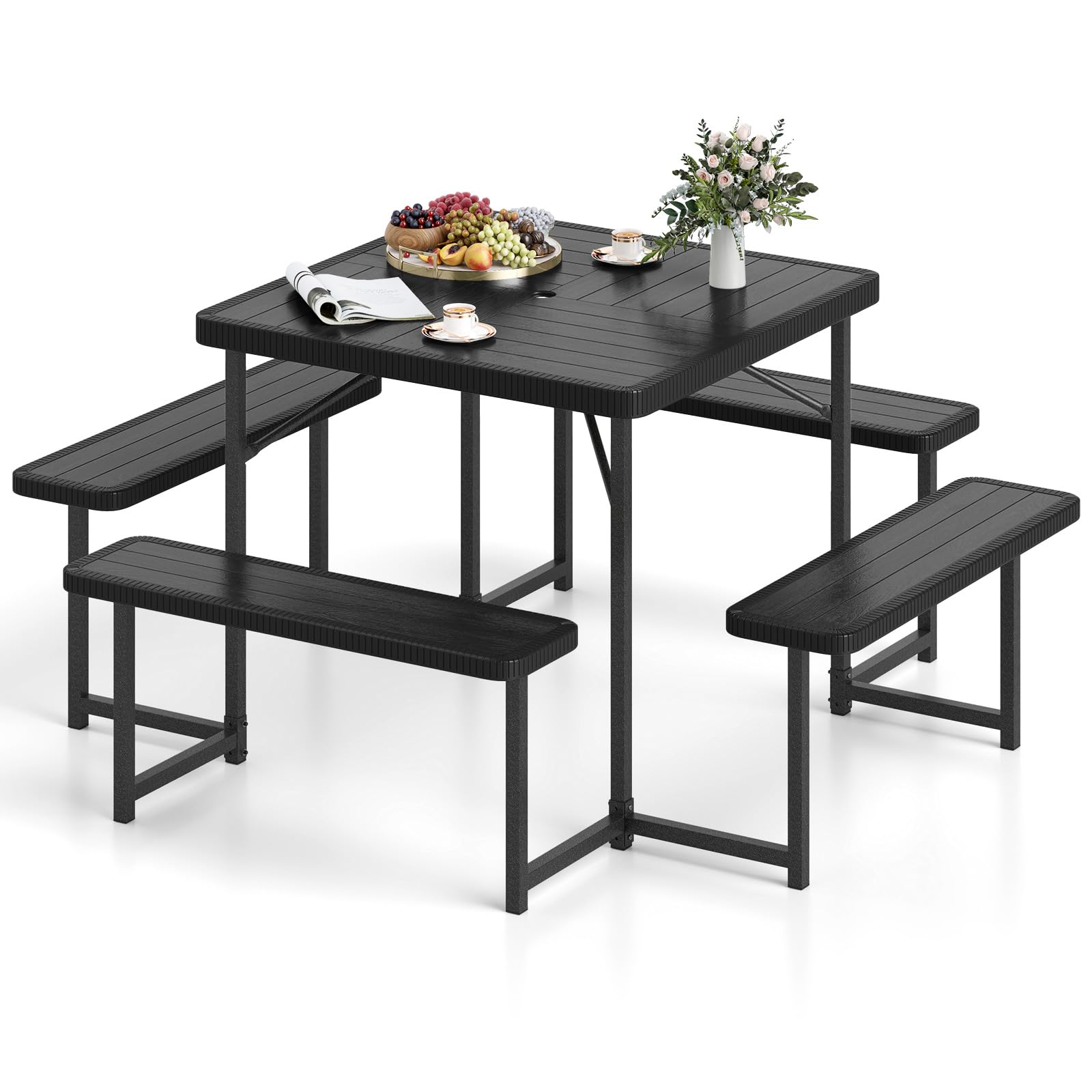 Tangkula 8 Person Picnic Table, HDPE Outdoor Square Table and Bench Set with 4 Built-in Benches, Umbrella Hole, Metal Frame for Garden Yard Patio Lawn
