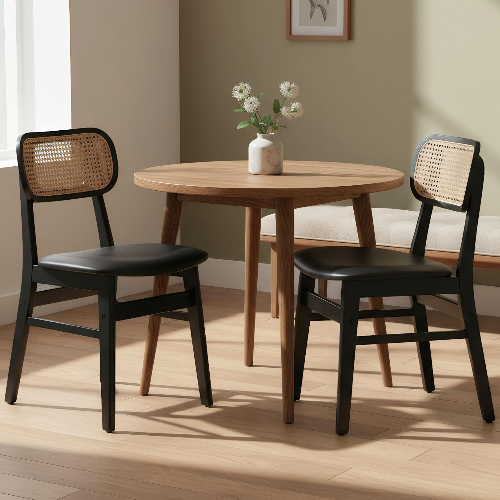 ROCITY Rattan Dining Chairs Set of 2 White Faux Leather Dining Room Chairs Natural Wooden Kitchen Chairs Farmhouse Side Chairs