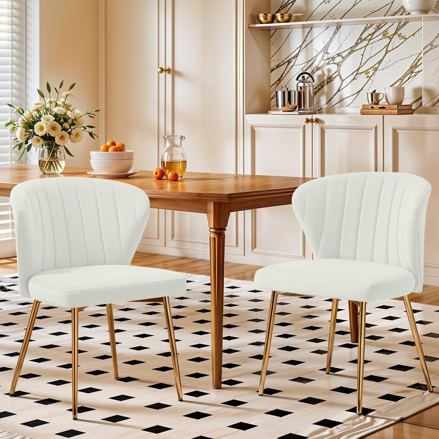 Velvet Dining Chairs Set of 2, Modern Upholstered Vanity Chairs with Golden Metal Legs for Dining Room Kitchen Vanity Patio (Green)