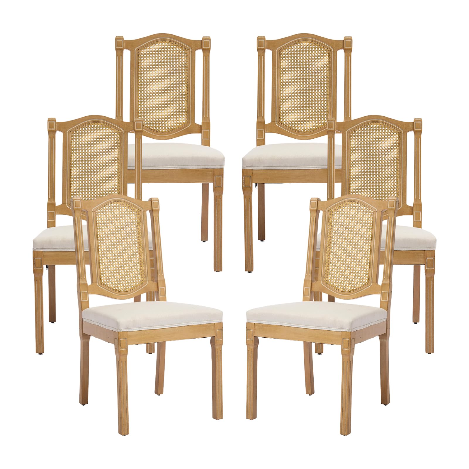 Vintage French Rattan Dining Chairs Set of 6, Square Back Side Chairs with Rattan Backrest, Upholstered Linen Seat and Solid Wood Frame, Sillas de Comedor for Dining Room & Kitchen, Dark Gray
