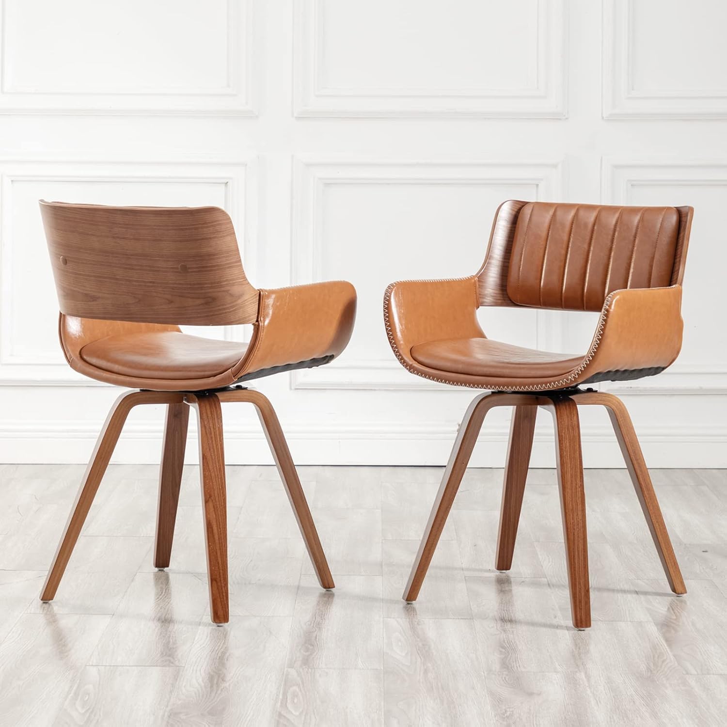 LUNLING Swivel Accent Faux Leather Dining Chairs, Mid Century Modern Chairs with Wooden Legs/Armrest/Upholstered Seat/Adjustable Foots for Kitchen Dining Room Desk Chairs,Green,1PCS