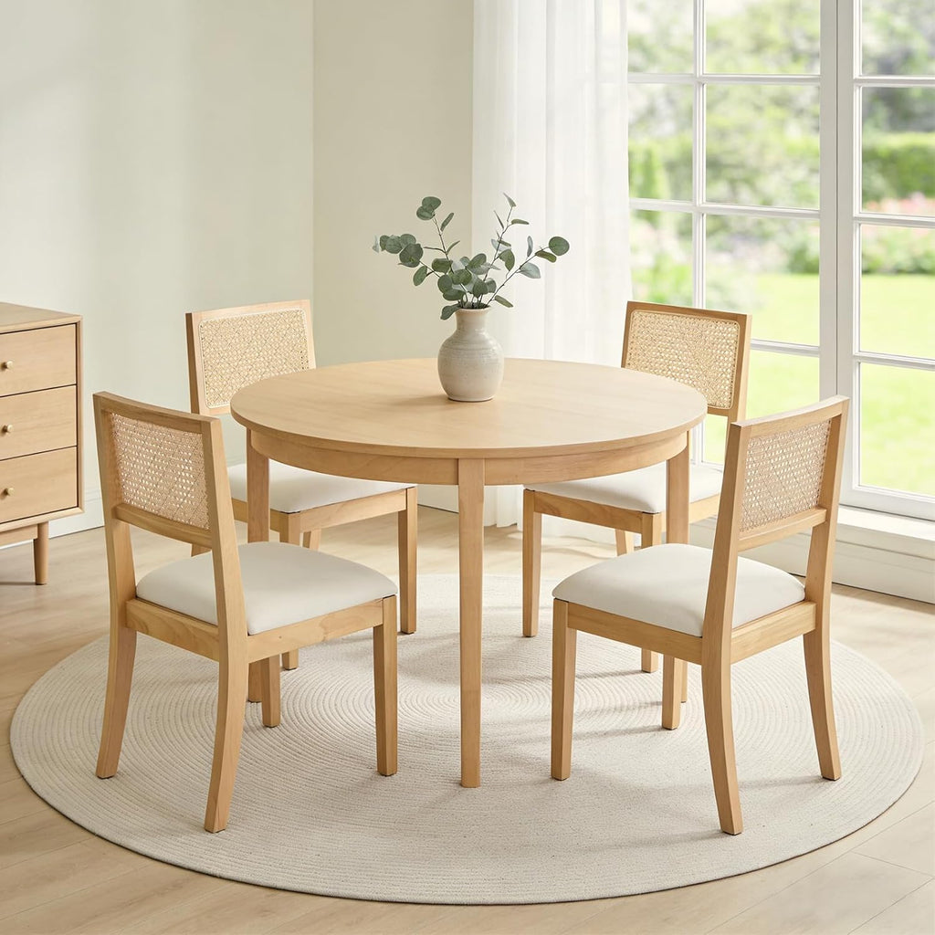 Farmhouse Rattan Dining Chairs Set of 4,Cane Back Kitchen Dining Room Chairs, Upholstered Mid Century Modern Rattan Chair Comfy Side Wood Chair for Living Room/Restaurant, Linen Fabric, Beige