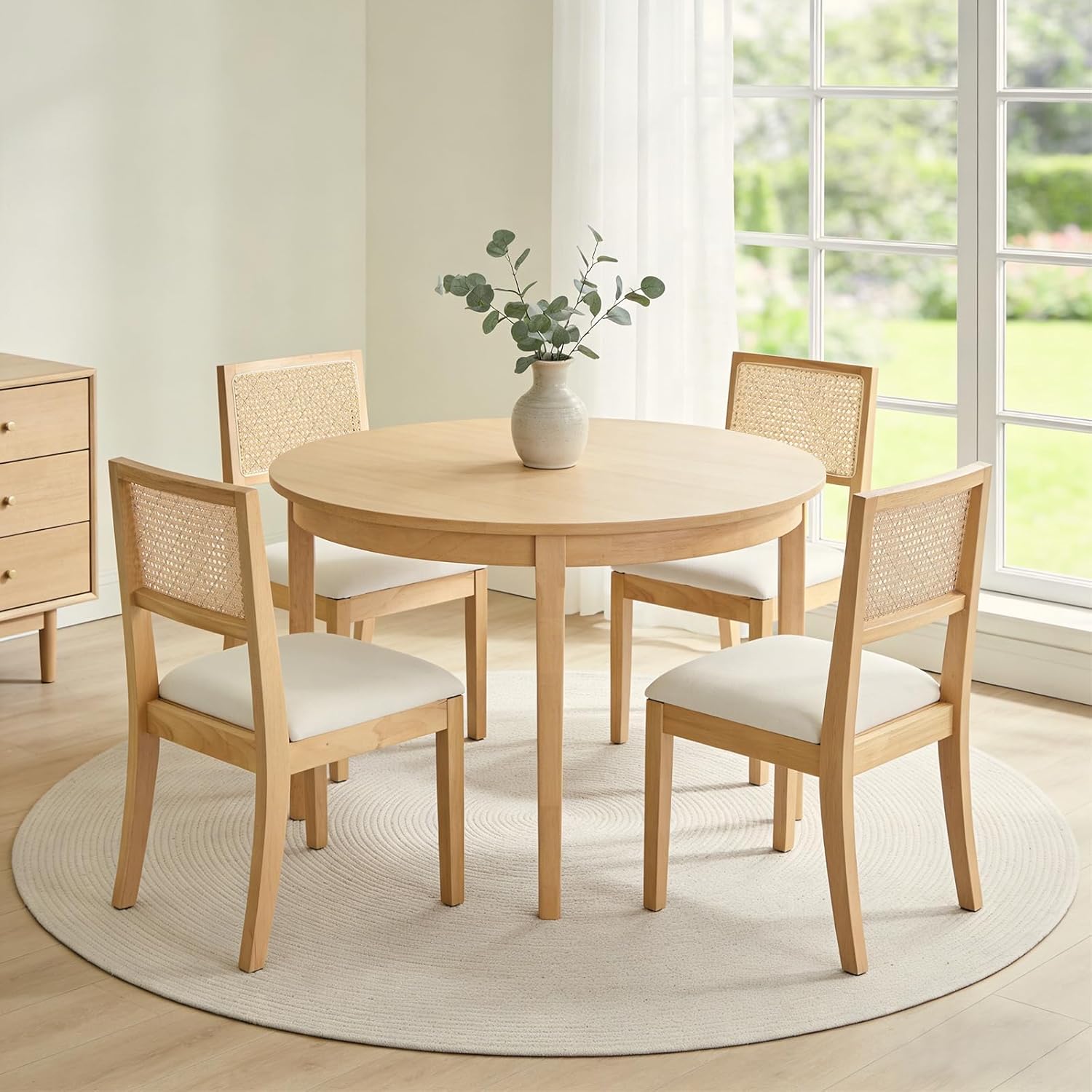 Farmhouse Rattan Dining Chairs Set of 4,Cane Back Kitchen Dining Room Chairs, Upholstered Mid Century Modern Rattan Chair Comfy Side Wood Chair for Living Room/Restaurant, Linen Fabric, Beige