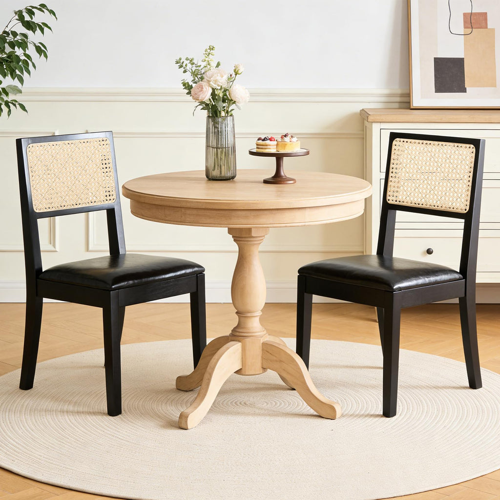 Farmhouse Rattan Dining Chairs Set of 4,Cane Back Kitchen Dining Room Chairs, Upholstered Mid Century Modern Rattan Chair Comfy Side Wood Chair for Living Room/Restaurant, Linen Fabric, Beige