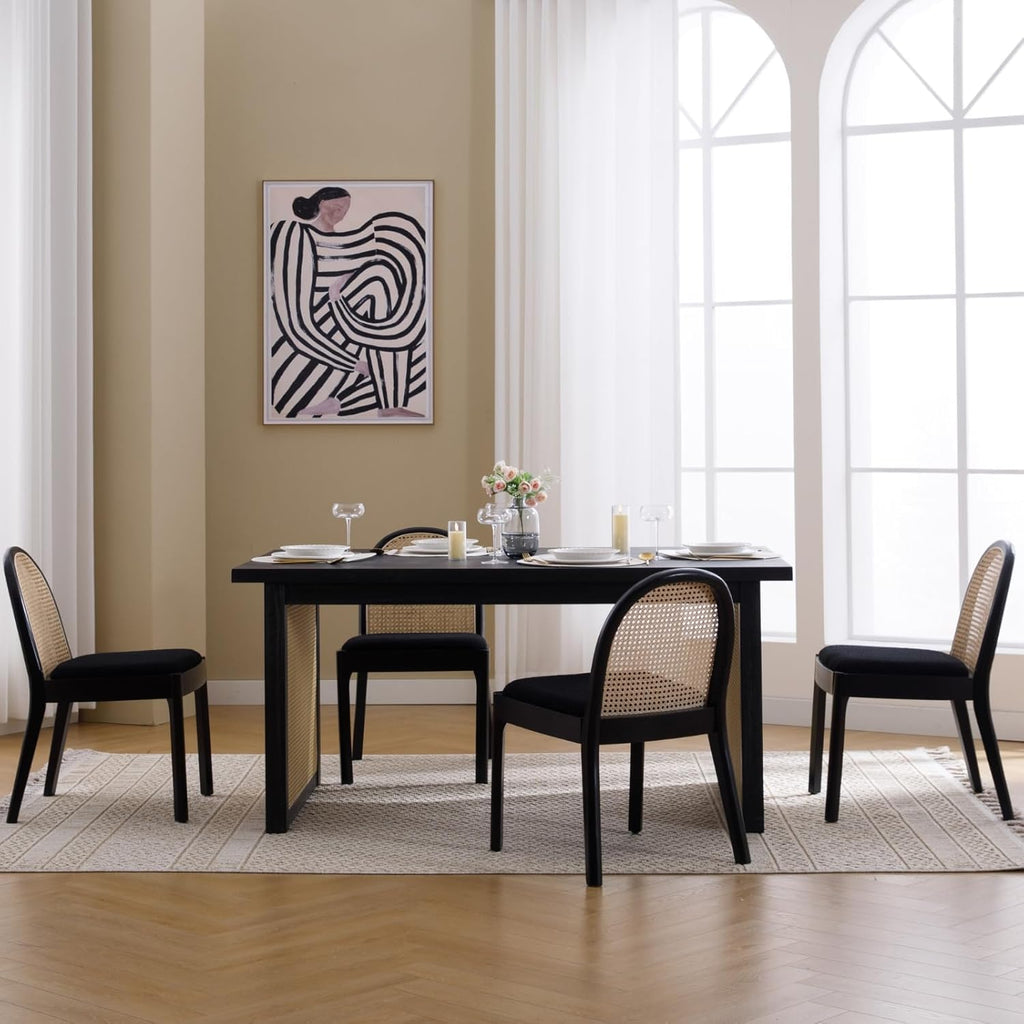Ya-Home Mid Century Dining Chairs Set of 2, Accent Rattan Sherpa Fabric Side Chairs Kitchen Chair with Solid Wooden Legs for Living Room Dining Room, Black