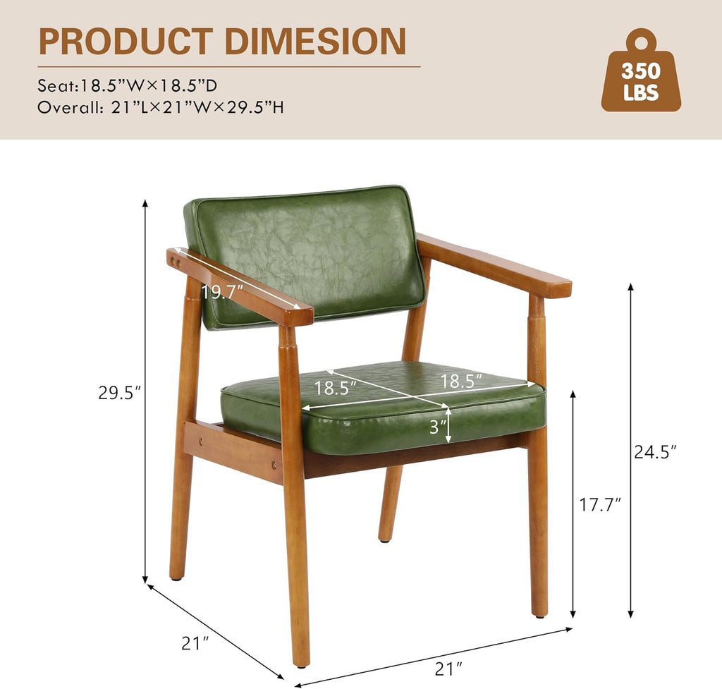 LSSPAID Mid Century Dining Chairs with Wooden Handrail, Pu Upholstered Armchair Comfy Backrest Modern Kitchen Chairs for Bedroom Living Room Dining Room, Green, Set of 1