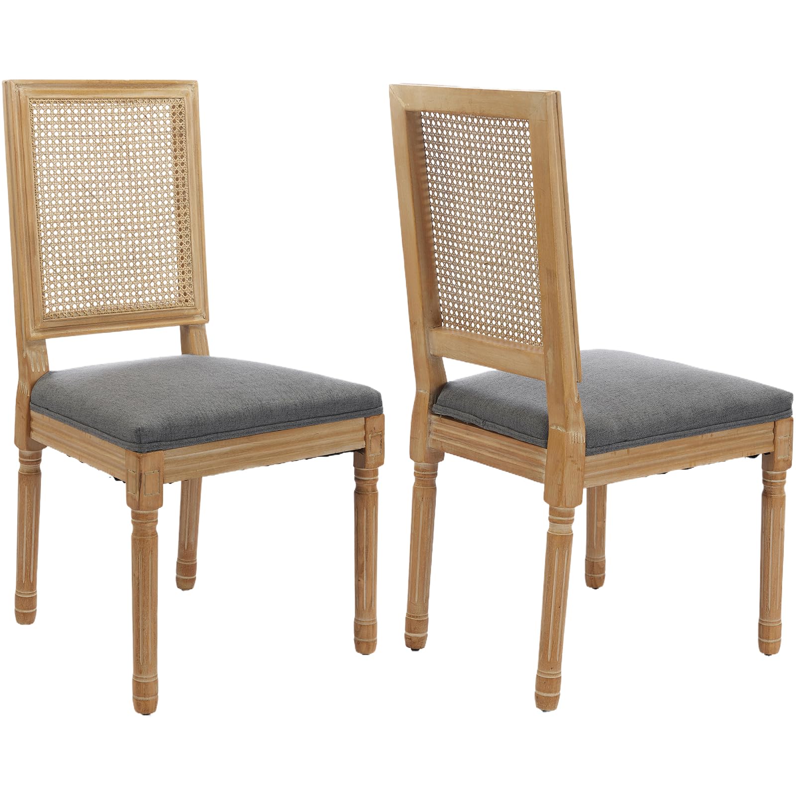 Vintage French Rattan Dining Chairs Set of 6, Square Back Side Chairs with Rattan Backrest, Upholstered Linen Seat and Solid Wood Frame, Sillas de Comedor for Dining Room & Kitchen, Dark Gray