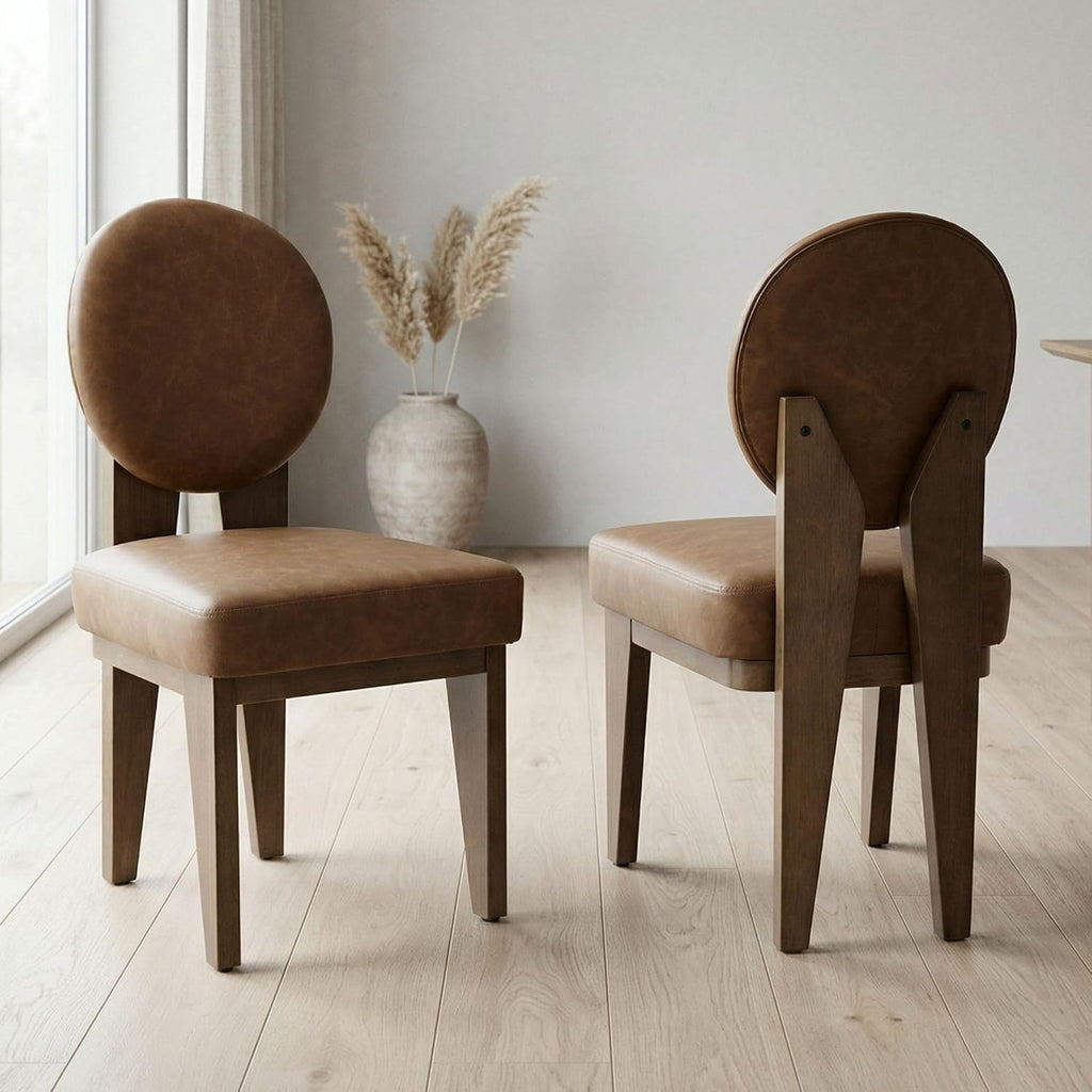 Hyfirm Mid-Century Modern Walnut Dining Chairs Set of 2, Vintage Brown Leather Wooden Kitchen Chairs, Retro Upholstered PU Cushioned Seat with Curved Backrest, Armless Accent Side Chair for Bedroom