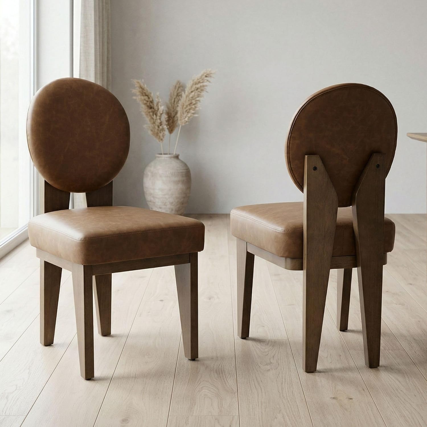 Hyfirm Mid-Century Modern Walnut Dining Chairs Set of 2, Vintage Brown Leather Wooden Kitchen Chairs, Retro Upholstered PU Cushioned Seat with Curved Backrest, Armless Accent Side Chair for Bedroom