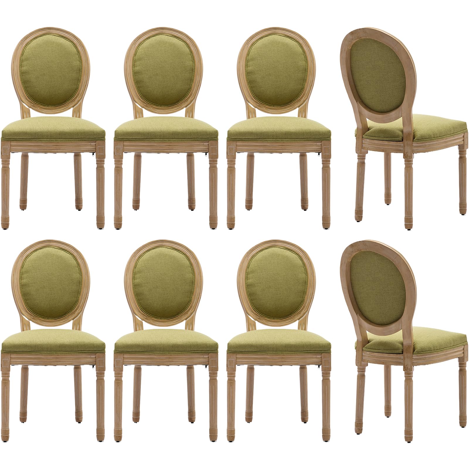 Vintage French Rattan Dining Chairs Set of 4, Solid Wood Frame with Round Rattan Back and Linen Upholstered Seat, Farmhouse Accent Sillas de Comedor Side Chairs for Dining Room & Kitchen, Beige