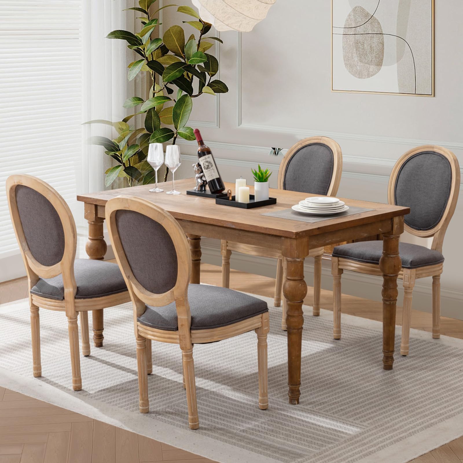 Rattan Back Upholstered Dining Chairs Set of 4 French Country Oval Kitchen Side Chairs with Wood Legs for Dining Room, Kitchen, Restaurant(Beige-Rattan)