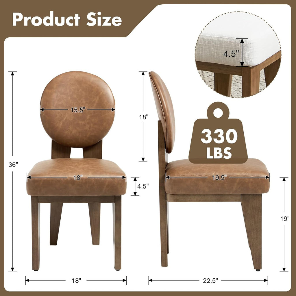 Hyfirm Mid-Century Modern Walnut Dining Chairs Set of 2, Vintage Brown Leather Wooden Kitchen Chairs, Retro Upholstered PU Cushioned Seat with Curved Backrest, Armless Accent Side Chair for Bedroom