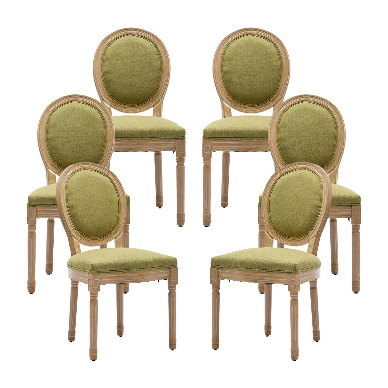 Vintage French Rattan Dining Chairs Set of 4, Solid Wood Frame with Round Rattan Back and Linen Upholstered Seat, Farmhouse Accent Sillas de Comedor Side Chairs for Dining Room & Kitchen, Beige