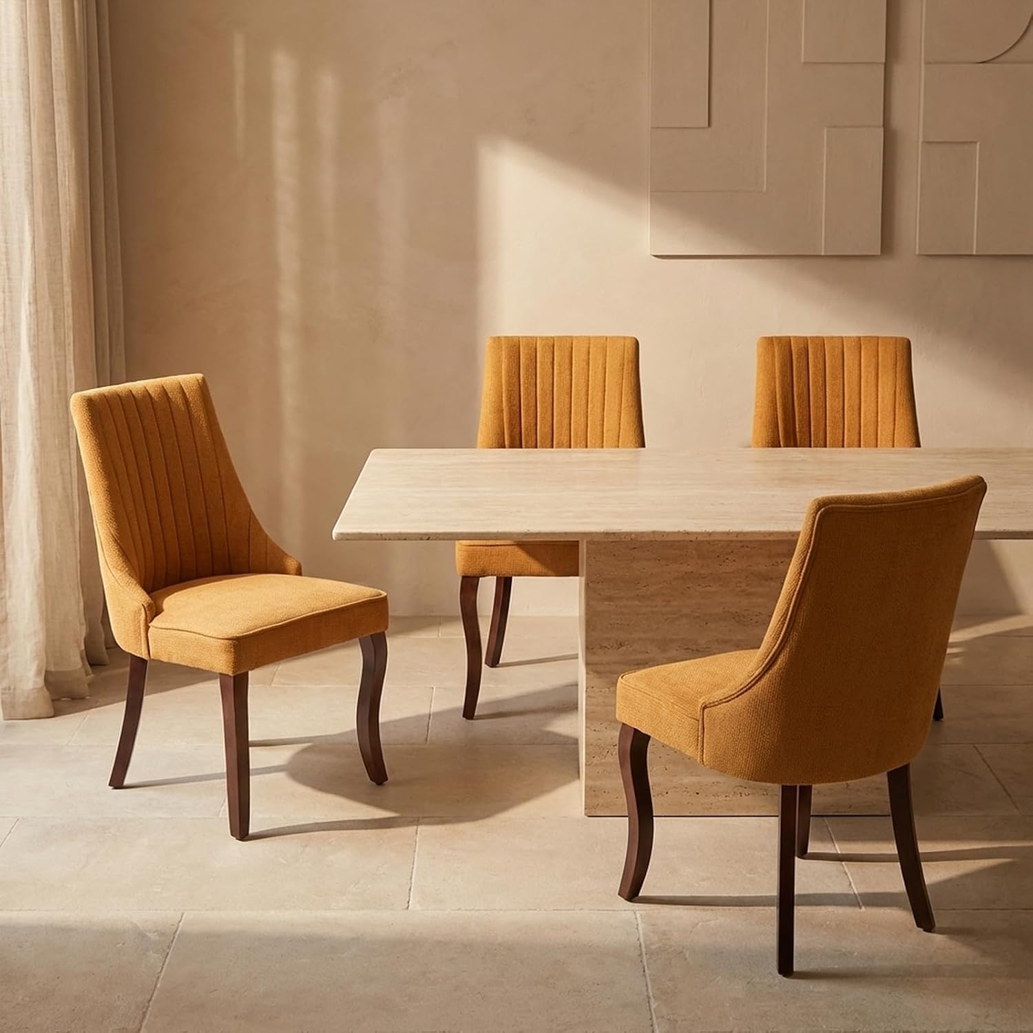 Upholstered Dining Chairs Set of 4, High Back Side Chairs for Kitchen and Dining Room, Mid-Century Modern Fabric Seating with Solid Wood Legs, Yellow