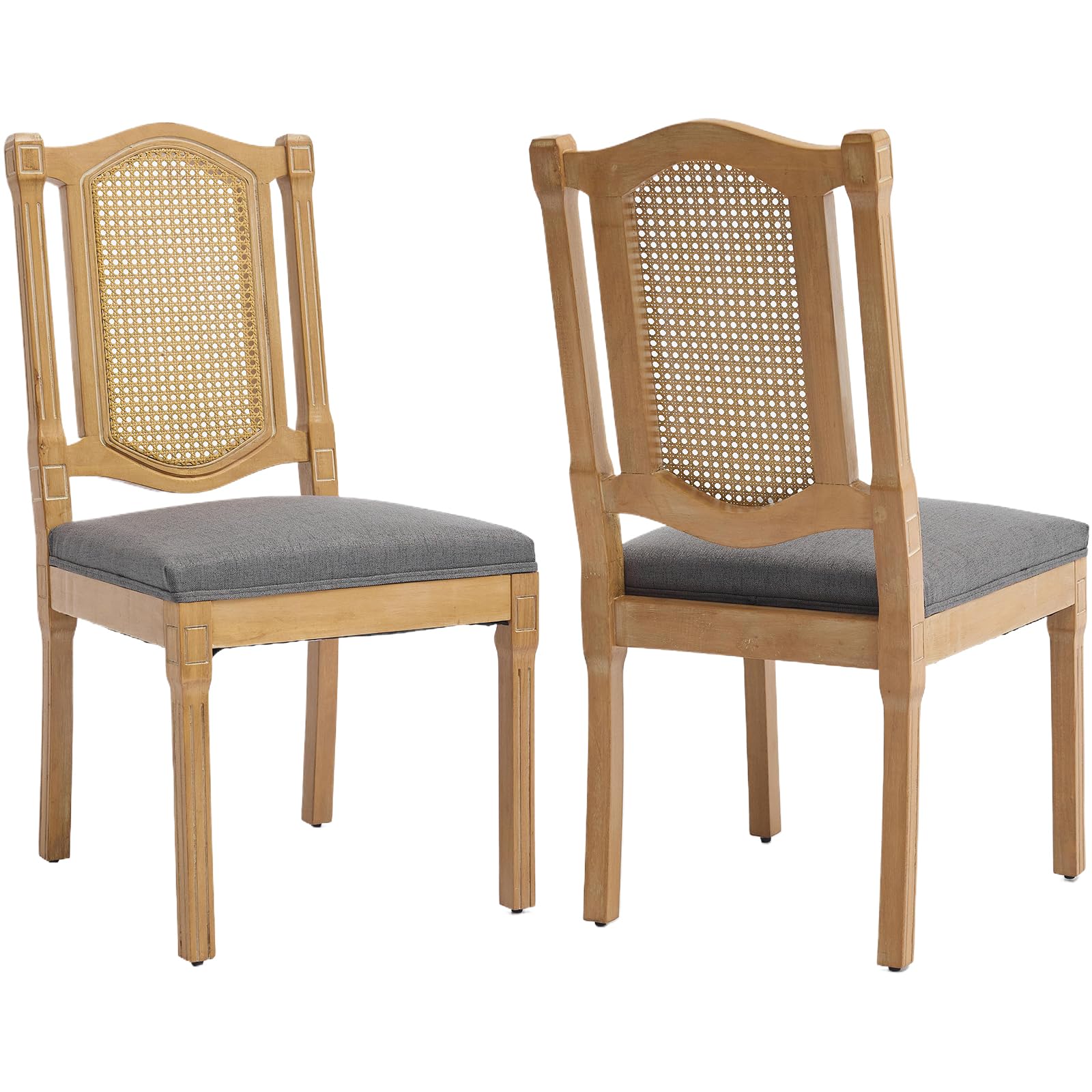 Vintage French Rattan Dining Chairs Set of 6, Square Back Side Chairs with Rattan Backrest, Upholstered Linen Seat and Solid Wood Frame, Sillas de Comedor for Dining Room & Kitchen, Dark Gray