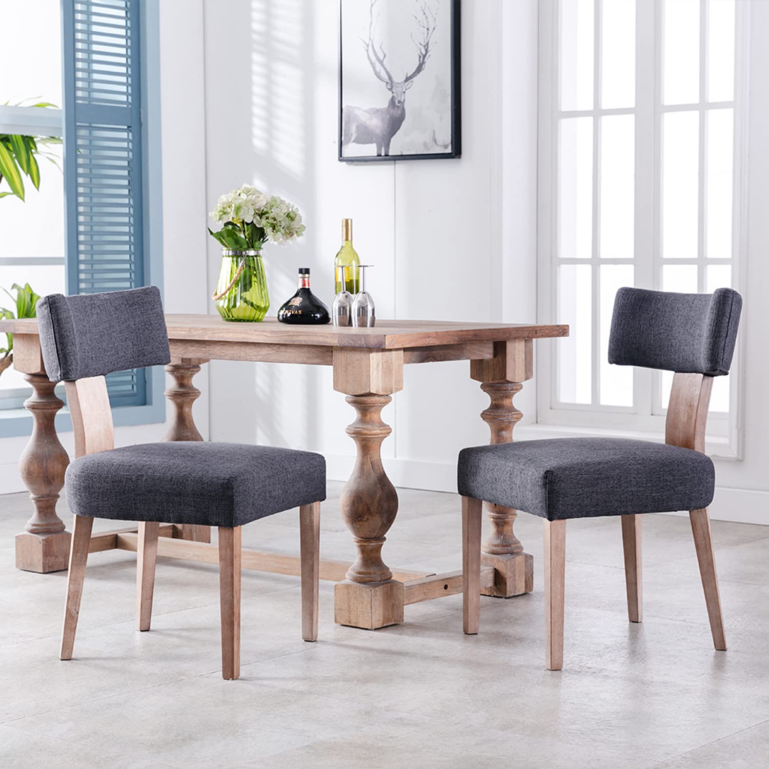 RIVOVA Rattan Dining Chairs Set of 4, Mid Century Modern Dining Chair Upholstered Linen Fabric Kitchen Side Chair, Modern Kitchen Armless Solid Wood Dining Chairs, Beige