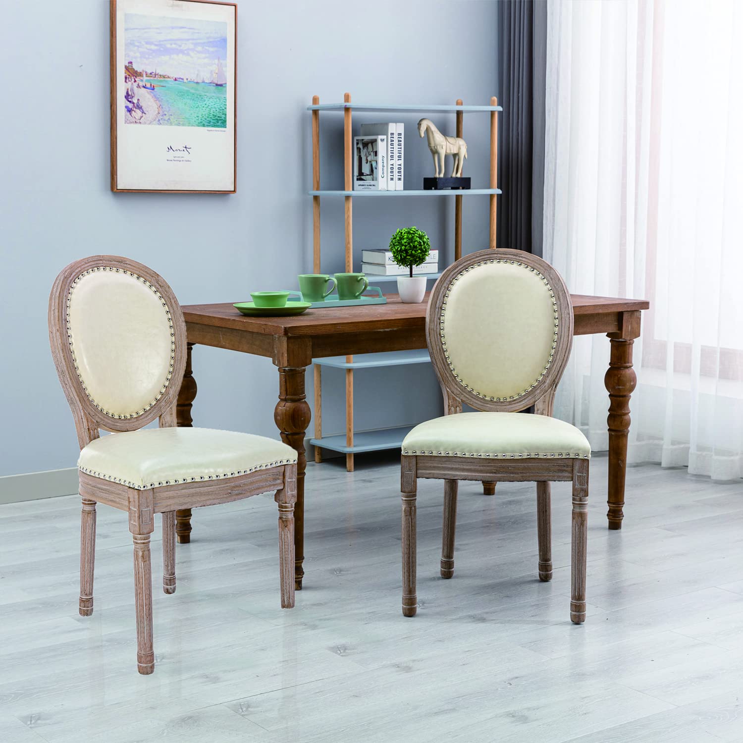 Nrizc French Country Dining Chairs Set of 4, Farmhouse Fabric Chairs with Round Back, Rattan Dining Chair, Oval Side Chairs for Dining Room/Living Room/Kitchen/Restaurant