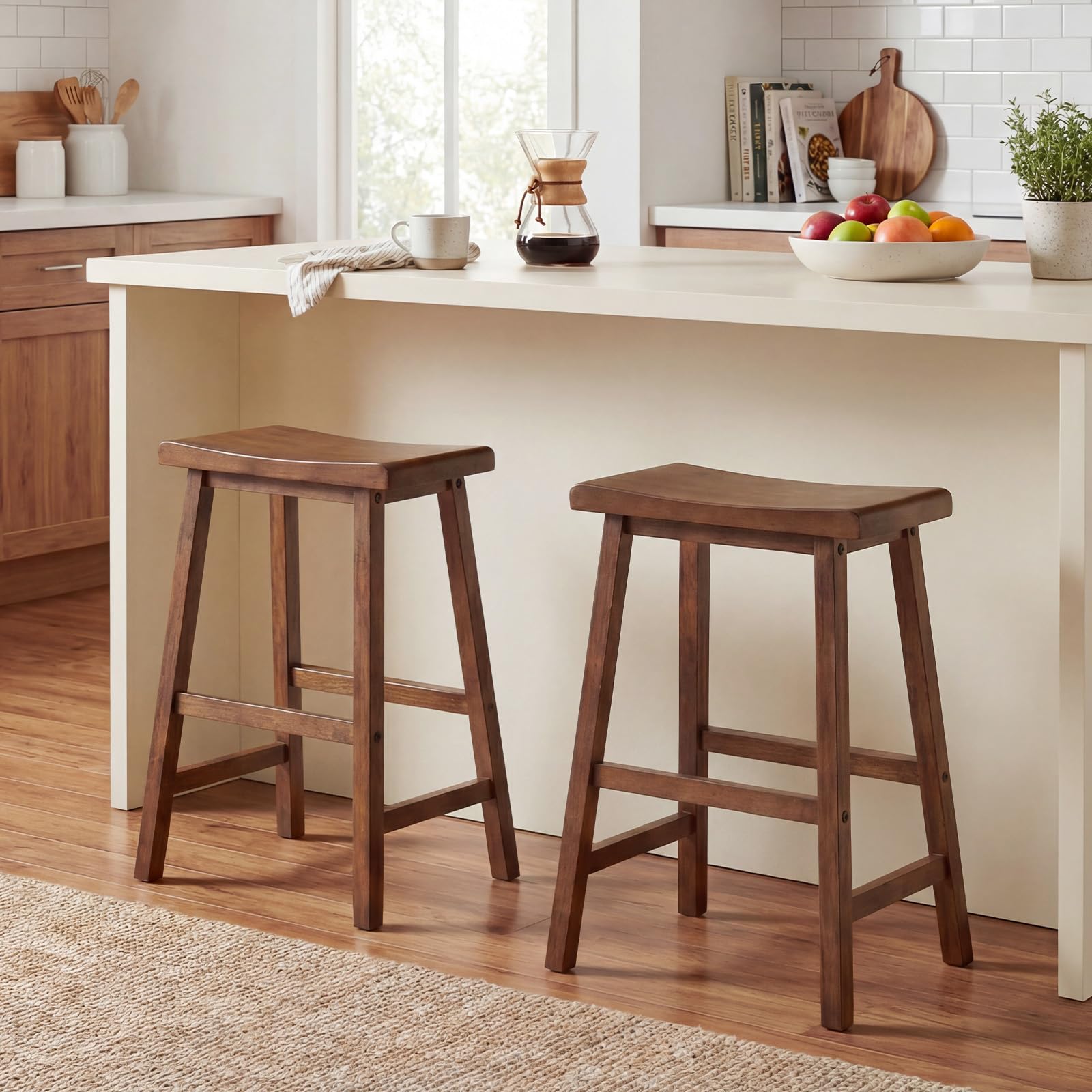 4PC Solid Wood Backless Bar Stools, 24in Counter Stools with Footrest, Brown